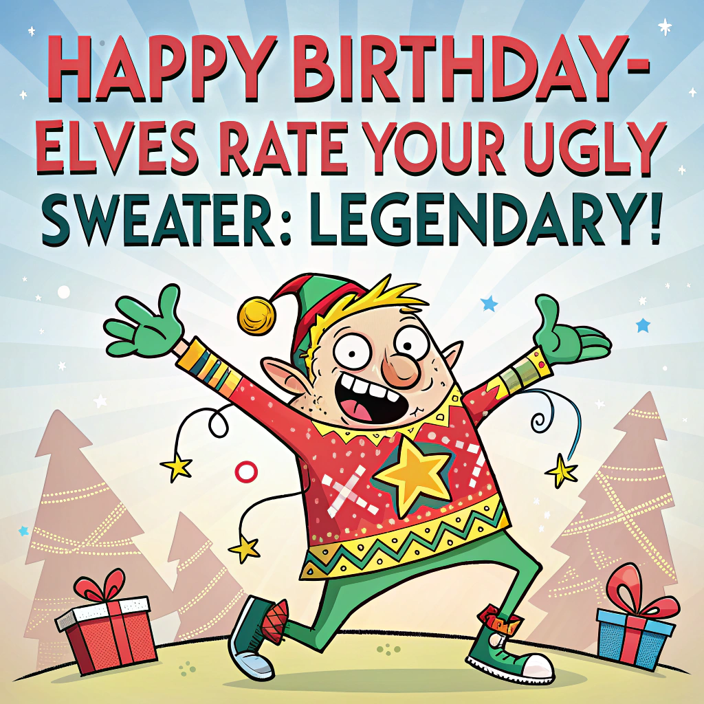 Christmas , Ugly sweater, Presents, Santas elves , and Birthday Card