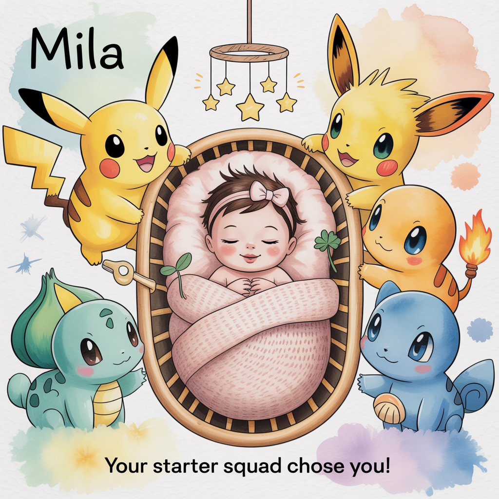 3 starter pokemon, pikachu,  looking in a cradle where a new born girl is laying , and New-baby Card