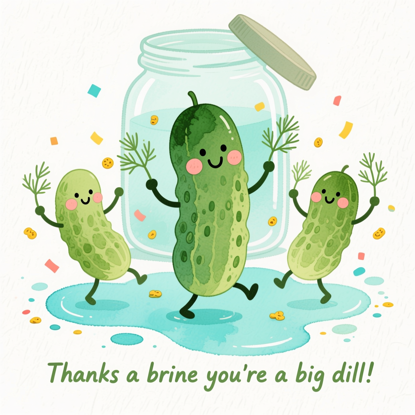 Watercolor illustration with a large, central, funny scene: three happy anthropomorphic pickles dancing. A tall, smiling dill pickle in the center, flanked by two giggly gherkins tossing tiny dill fronds and mustard seeds like confetti. A faint, translucent pickle jar sits behind them with its lid tilted, and a splash of pale turquoise brine forms a subtle heart-shaped puddle at their feet. Expressions are simple and joyful (tiny dot eyes, rosy watercolor cheeks), no hard outlines. Soft watercolor washes, delicate gradients, subtle pigment blooms, and visible natural cold-press paper texture create an airy, organic feel. Palette: fresh dill greens (sage to emerald), minty brine blues, warm coral blush, and mustard-yellow confetti. Loose wet-on-wet edges and light paint splatters for playful energy, plenty of breathing white space.

Include a single hand-painted caption in playful watercolor script, dill-green with a gentle gradient and slight paint bleed, centered near the bottom:
“Thanks a brine—you’re a big dill!”
Generated with these themes: Happy pickles, and .
Made with ❤️ by AI.