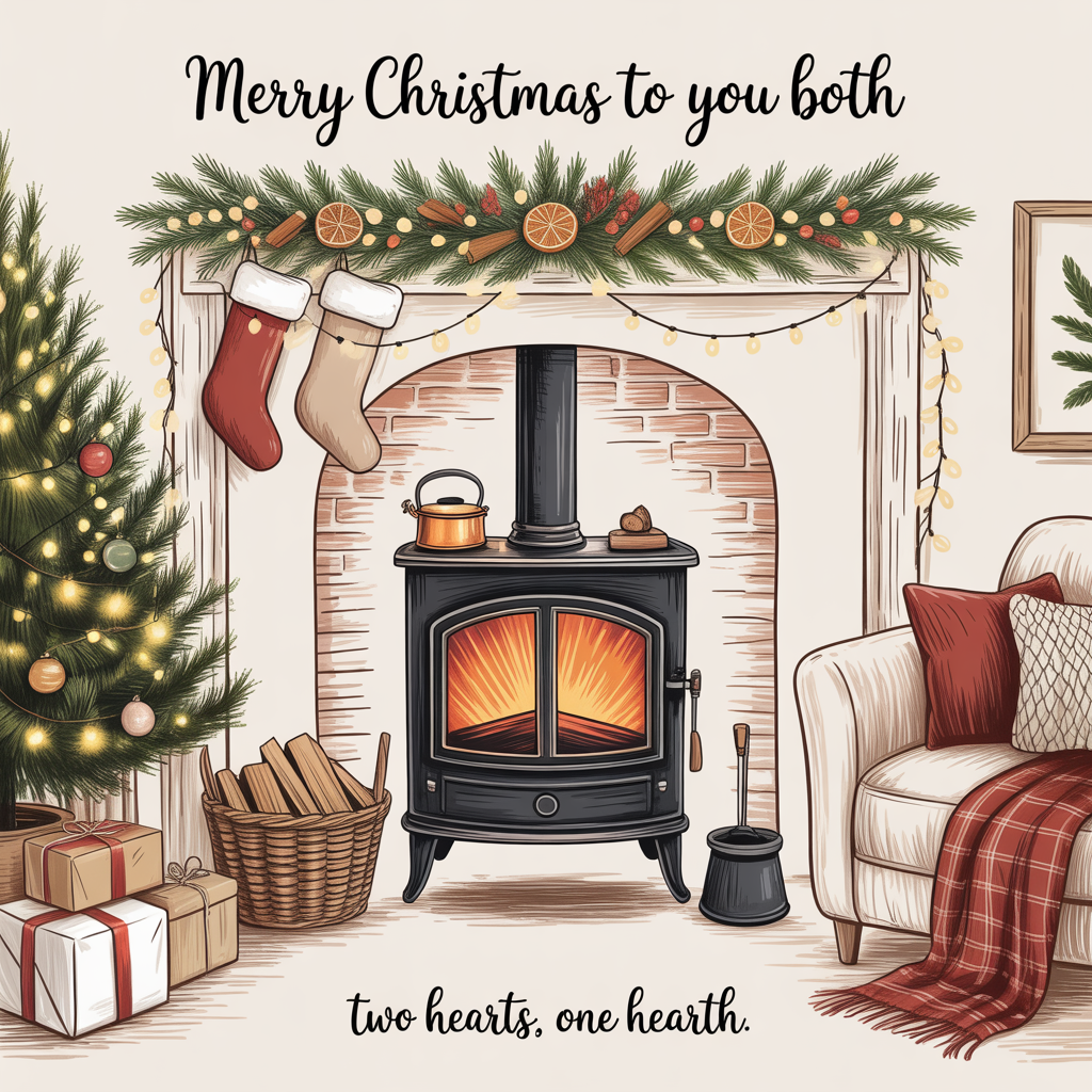 Multi fuel burner in a cosy lounge with christmas decorations, and Christmas Card