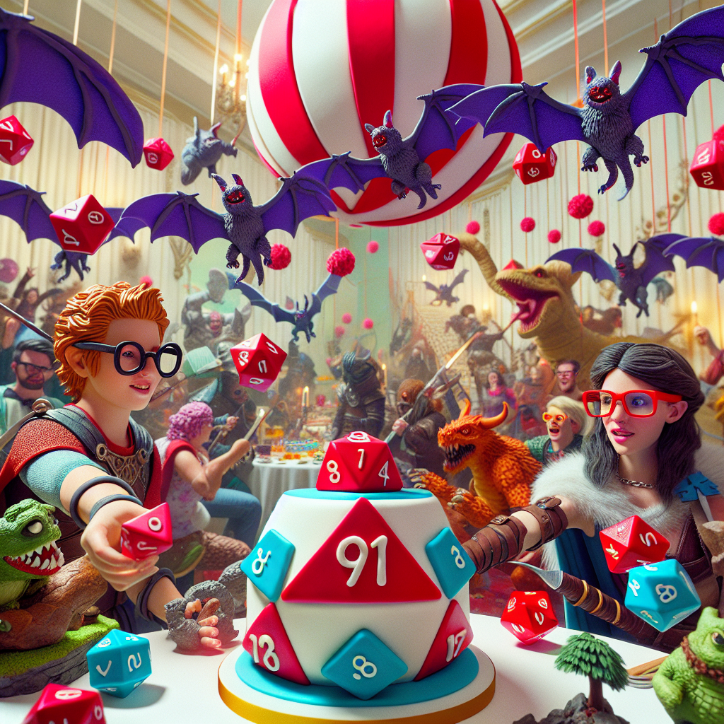 A vibrant party scene ripples with mirth, all attendees adorned in chunky eyewear and grasping role-playing game dice, as they strive to maneuver through a maze of suspended paper bats. The highlight of the event is a cake shaped like a red and white sphere, a nod to a popular RPG, flanked by whimsical creatures poised for a friendly skirmish. This scene breathes life into a fun, fantasy-themed gathering.
Generated with these themes: D and d, Pokemon, Bats, and Nerd.
Made with ❤️ by AI.