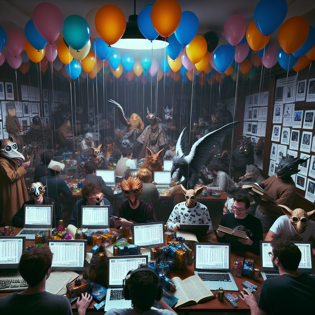 Imagine a room filled with joyous atmosphere. Dozens of balloons are rising above a table cluttered with role-playing game character sheets, indicative of a thematic party. And a crowd, overjoyed and engrossed in the ambiance, wearing masks of nocturnal flying mammals and T-shirts adorned with captivating cartoonish creatures are socializing. The room is faintly illuminated by the screens of computers, each exhibiting a different vintage digitized game. An attractive pile of presents, neatly wrapped, lays on a nearby table. These gifts are books which cover a range of topics in science and technology, illustrating the intellectual vibe of this elaborately planned nerdy celebration.
Generated with these themes: D and d, Pokemon, Bats, and Nerd.
Made with ❤️ by AI.
