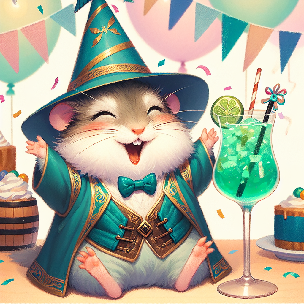 Illustrate a charming scene of a birthday party. The central figure is a hamster dressed in fantasy ogre attire, which includes a little turquoise waistcoat. The hamster is joyously sipping on a sophisticated turquoise cocktail. The environment is festive, with decorations of streamers and confetti providing a cheerful ambiance.
Generated with these themes: Hamster shrek turquoise cocktails .
Made with ❤️ by AI.