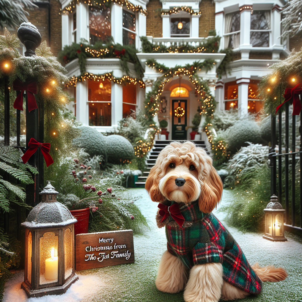 An enchanting snow scene frames a Cockapoo in a cozy tartan coat, sitting loyally by the gate of a Victorian house decorated with garlands and bows, capturing the essence of London at Christmas. The garden is a picturesque setting with a vintage lantern and a dusting of snow, setting a classic holiday mood. Above the scene, the phrase 'Merry Christmas from the Fish Family' is displayed in a stylish, festive font.
Generated with these themes: Cockapoo, Victorian house, London, Christmas, and Garden.
Made with ❤️ by AI.