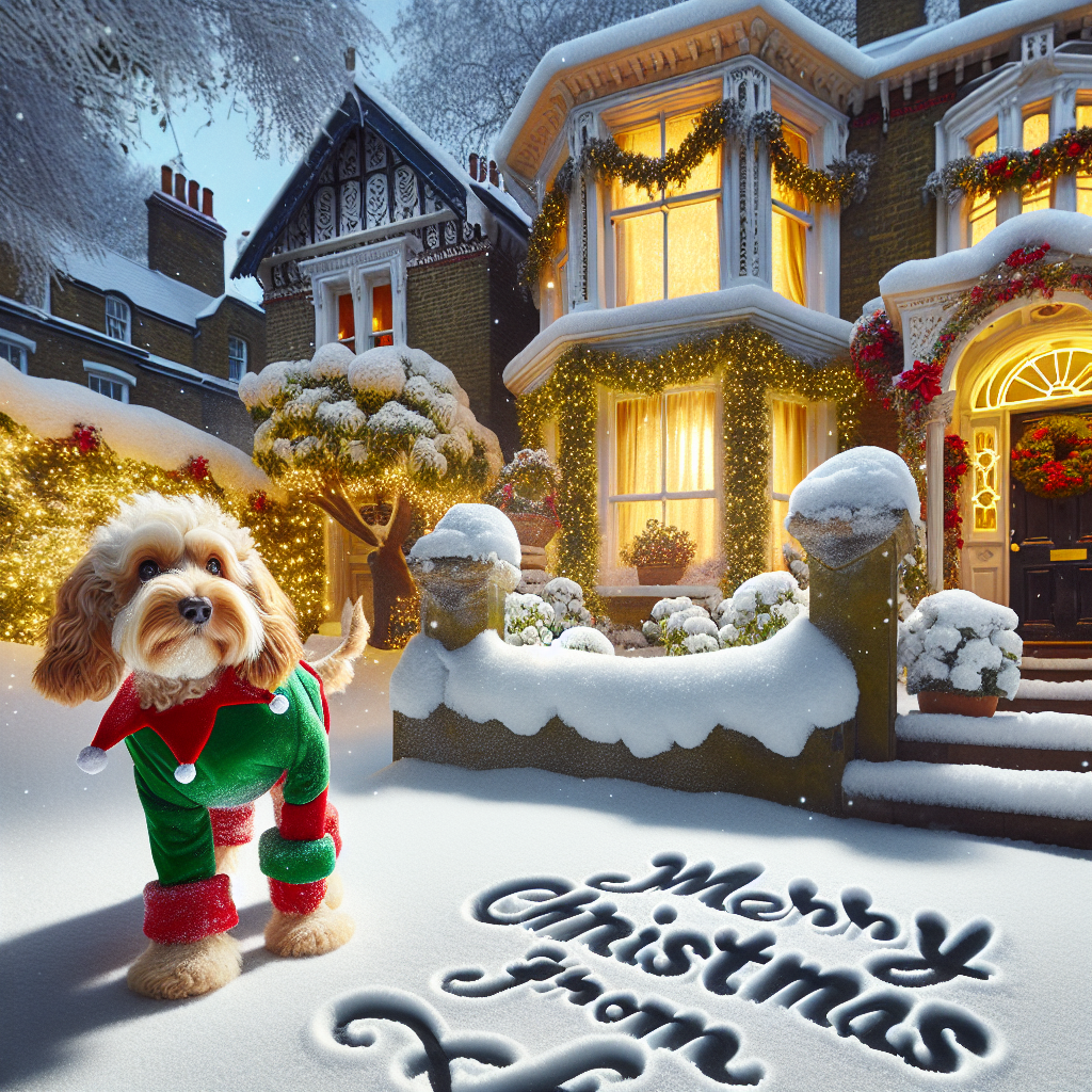Cockapoo, Victorian house, London, Christmas, and Garden Christmas Card