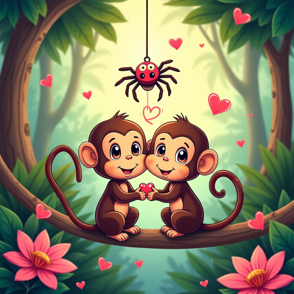 Here’s the prompt for your Valentine’s Day greeting card front cover image:  

---

**Prompt:**  
At the top of the Cartoon Style image, display the text in playful, bubbly red letters with pink hearts floating around: **"I love you Afnan"**.  

Create a vibrant, romantic cartoon scene in a jungle setting: Two adorable monkeys with big round eyes and cheeky smiles are sitting on a tree branch, hugging each other with their long curly tails forming a heart shape. A cute, friendly cartoon spider dangles from a silk thread above them, holding a tiny heart-shaped web it has spun, glowing softly like a Valentine decoration. Around them, the jungle background is filled with lush, bright green leaves, oversized pink flowers, and little floating hearts in the air. The monkeys’ expressions are full of joy and affection, leaning their heads together lovingly.  

At the bottom, add a fun extra line of text in whimsical cartoon lettering:  
**“We’re tangled up in love!”**  

Style: Playful cartoon, exaggerated proportions, thick black outlines, bright saturated colors, and a whimsical, romantic atmosphere.  
Generated with these themes: Monkeys, Spiders, Hugs, Romance, and .
Made with ❤️ by AI.