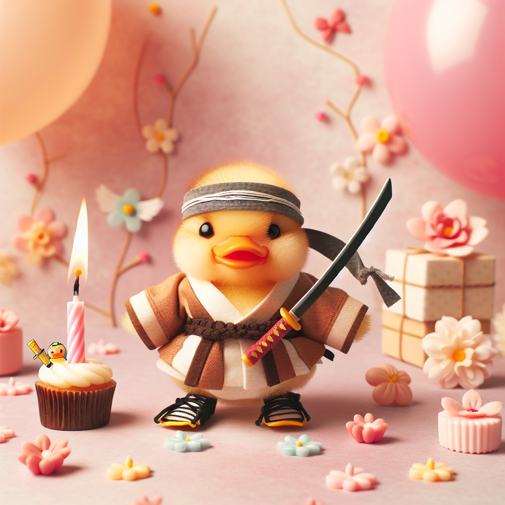 Create a cheerful birthday scenery where an adorable duck appears to be amusingly decked in an outfit inspired by traditional samurai, complete with a tiny samurai sword and a usual ninja headband. The composition is presented against a soft pastel backdrop filled with birthday motifs like a small, ignited candle, balloons, and dainty flowers, embodying a soft yet merry festivity.
Generated with these themes: Ninjago duck.
Made with ❤️ by AI.