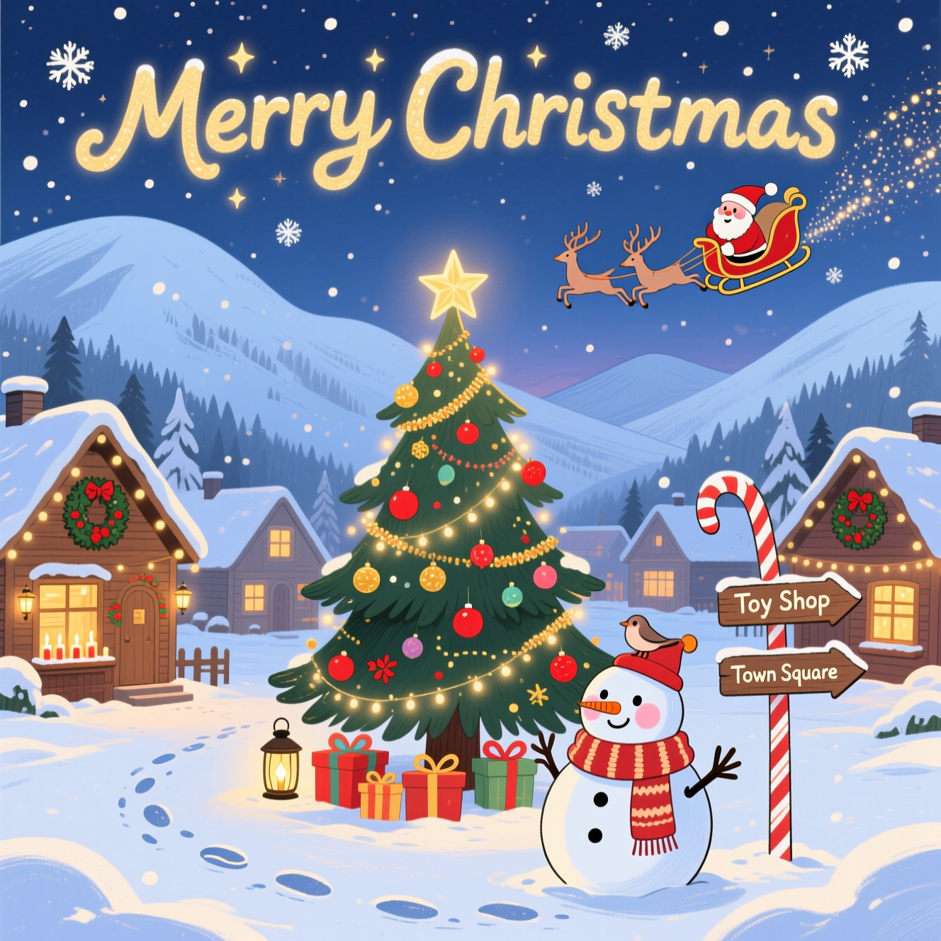Christmas tree, snowman, Santa, small town, mountains , and Christmas Card