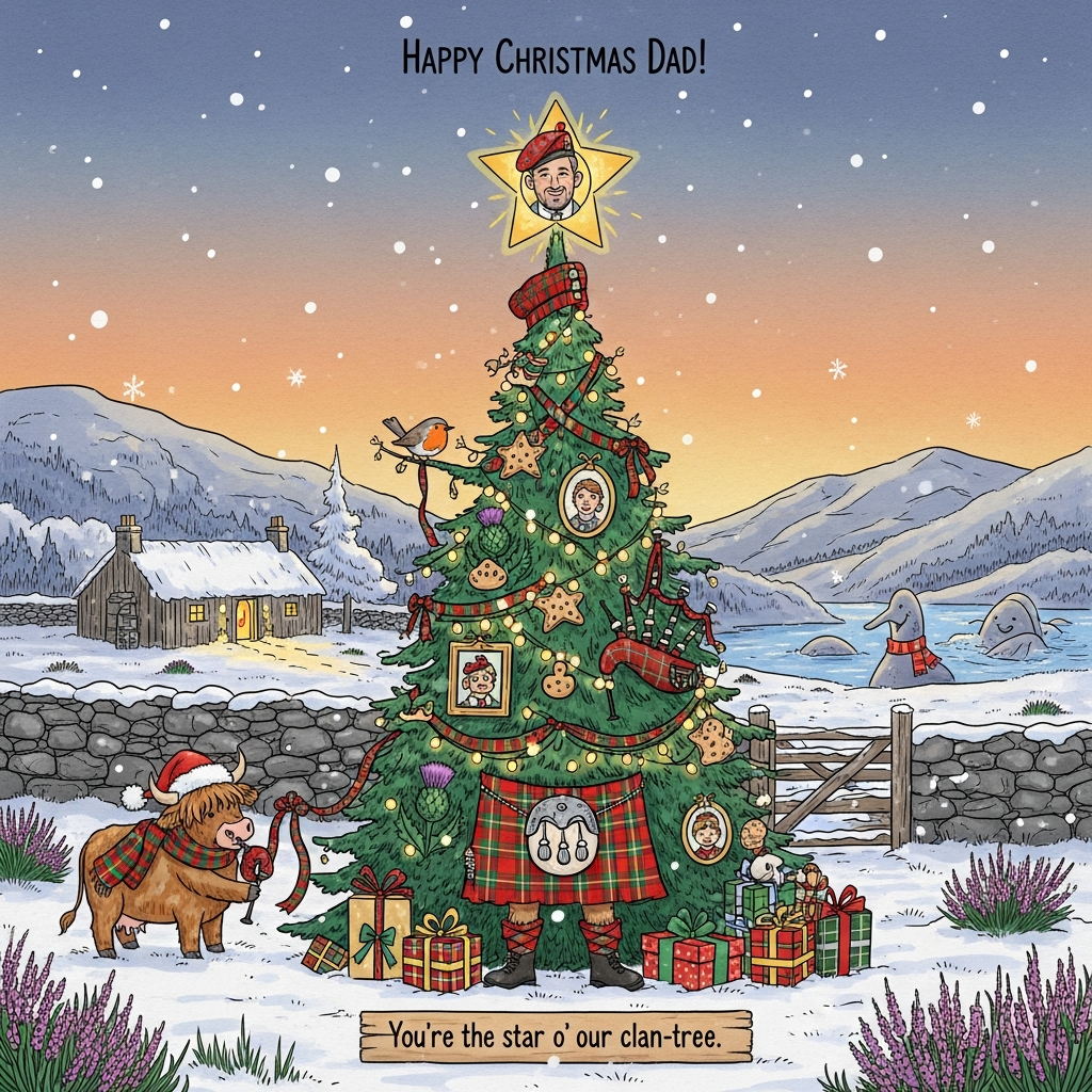 At the top of the Illustration Style image, Happy Christmas Dad!

Hand-drawn, funny Christmas scene in the Scottish Highlands: a towering evergreen “family tree” front and center, its trunk wrapped in a red-and-green tartan kilt and topped with a wee tam o’ shanter. At the very top, a star-shaped frame holds a cheerful cartoon portrait of Dad as the tree’s shining “star.” Branches are strung with warm fairy lights and tartan ribbons, hung with tiny framed portraits of the family as ornaments, plus Scottish touches like thistle baubles, mini bagpipes, sporrans, and shortbread shapes. A cheeky Highland cow in a Santa hat tugs a dangling ribbon; a puffed-up robin plays tiny bagpipes on a branch. Snow-dusted heather and a dry-stone wall frame the scene; a cozy bothy glows in the mid-distance; beyond, a loch with a friendly Nessie in a scarf peeks out. Gentle snowflakes fall, presents in mismatched tartans sit at the base. Warm twilight sky, soft golden light, and a balanced, full-bleed composition.

At the bottom on a small wooden sign, hand-letter one short line: You’re the star o’ our clan-tree!

Style: hand-drawn illustration with fine linework, textured brush strokes, slight paper grain, balanced composition, and a warm, expressive palette (pine greens, tartan reds, winter blues, golden fairy-light glow). Cozy, witty, and festive; no other text.
Generated with these themes: Family Tree, Scotland, and .
Made with ❤️ by AI.