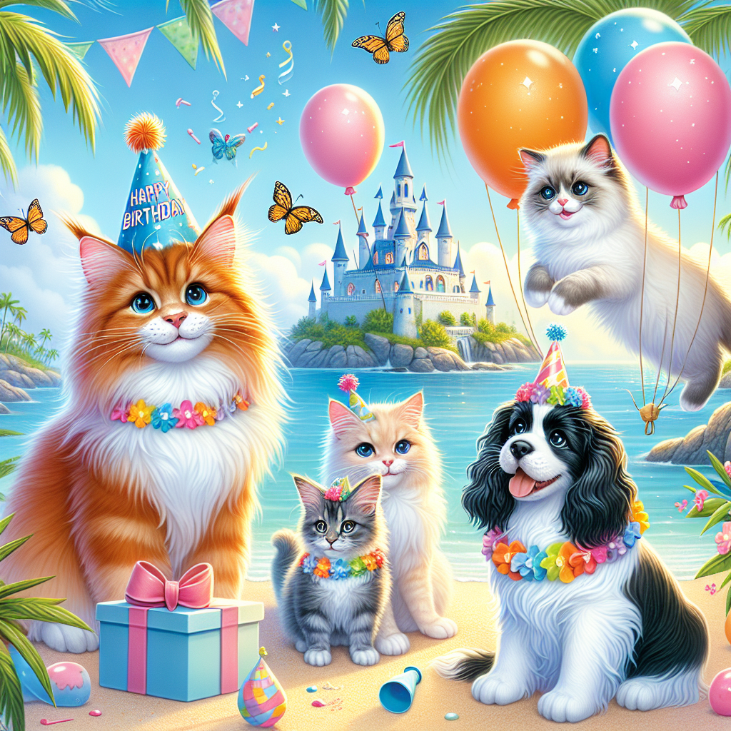 Create a whimsical birthday illustration themed around an enchanting party set on a tropical oceanfront. There are four adorable cats and a cheerful spaniel celebrating against the backdrop of a magical, non-licensed castle. The reddish Maine Coon cat sports a tiny party hat, engaging with balloons alongside a fluffy Cream Maine Coon. The serene Ragdoll cat luxuriates in the gentle tropical sun, while the playful Black and White Spaniel, adorned with a lei around its neck, gleefully interacts with the palm trees. All the characters display charming, exaggerated features for an ultimately cute experience.
Generated with these themes: Ginger Maine Coon cat, Cream Maine Coon cat, Ragdoll cat cat, Black and white spaniel , Hawaii, and Disney .
Made with ❤️ by AI.