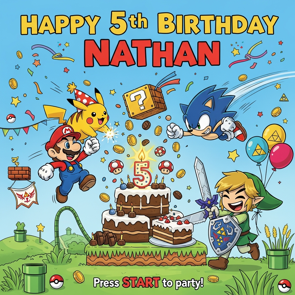At the top of the Cartoon Style image, place the text “Happy 5th Birthday Nathan” in giant, bubbly arcade letters with thick black outlines, each letter sprinkled with tiny coins, golden rings, rupees, and poke balls.

A big, funny mash-up birthday party scene in a bright, playful Cartoon Style: exaggerated chibi proportions, thick outlines, saturated colors, and whimsical, energetic poses. Center stage is a huge tiered cake shaped like a game level platform with a glowing number 5 candle. Pikachu, in a polka-dot party hat, adorably squints as a tiny spark from its cheeks lights the candle, sending harmless star-shaped crackles. Mario leaps up to punch a floating “?”-block piñata, showering chocolate coins, mushrooms, and rupees over everything. Sonic zooms around the cake in a blue blur, his speed trail forming a spiral of golden rings that doubles as a ribbon; streamers flap from his tilted party hat. Link from The Legend of Zelda grins wide, using the Master Sword to neatly slice the cake while balancing the Hylian Shield like a serving tray; Triforce balloons bob behind him. The background blends playful elements: a Green Hill-style checkerboard hill with a tiny loop, Mushroom Kingdom pipes and brick blocks, a Hyrule banner, and patches of tall grass dotted with poke balls. Add motion lines, confetti shaped like stars, triforces, rings, and coins, plus bright highlights and candy-colored shading for maximum pop. Clean, sky-blue backdrop so the characters and cake stand out.

At the bottom, a small cheeky caption in a fun chunky font: “Press START to party!”
Generated with these themes: Zelda, Pokémon , Mario, Sonic, and .
Made with ❤️ by AI.