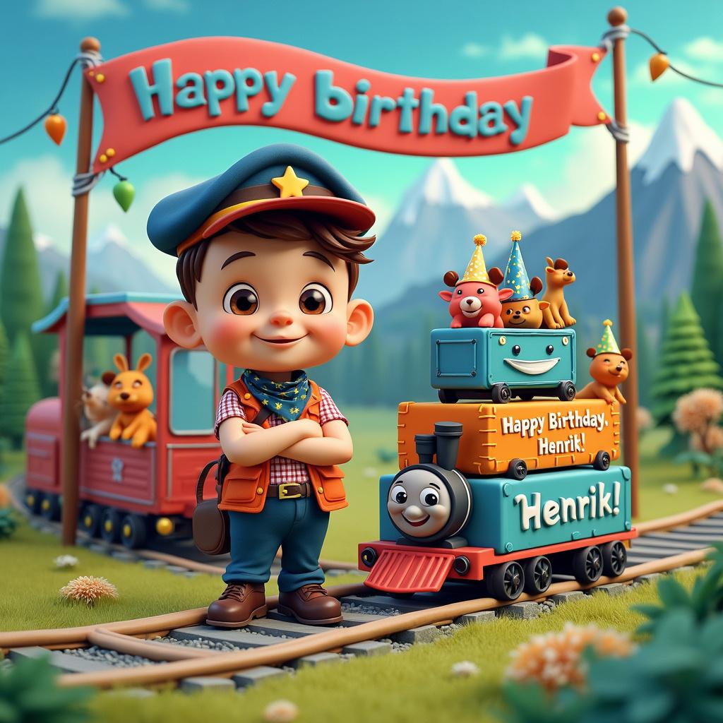 A colorful cartoon birthday scene set on a vibrant, grassy plain with a train track curving around the area. At the center stands a grinning cartoon-style Henrik, dressed as a train conductor with a playful cap and bandana. His name is boldly emblazoned on a happy birthday banner flapping above the train station backdrop. A whimsical train with a smiling face, reminiscent of ones seen in children's shows, chugs along the tracks with 'Happy Birthday, Henrik!' written on its side in puffy cloud-like letters. Each carriage is filled with cartoon animals wearing party hats, cheering. A mountain range in the background hints at Norway's picturesque landscape, with a subtle aurora borealis effect added in the sky. The cake is a three-tiered, fondant-covered masterpiece resembling stacked train cars complete with Henrik's name on the license plate and playful, icing-made cargo that includes a fondant troll, nodding to Norwegian folklore.
Generated with these themes: Work with trains, , Went to Norway on his birthday., and  Is fun and kind.
Made with ❤️ by AI.