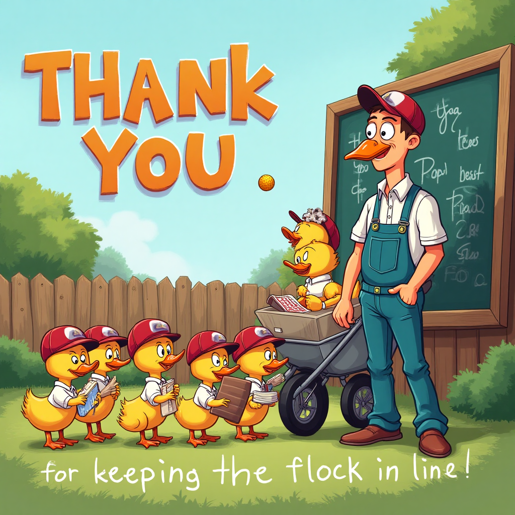 At the top of the Cartoon Style image, add the text: **Thank You** in bold, bouncy letters that look like they’re quacking.  

A playful, bright cartoon schoolyard scene: a cheerful school caretaker in overalls is trying to sweep the yard, but instead of leaves, he’s herding a line of silly ducks in school uniforms and tiny cricket helmets. Some ducks are batting cricket balls with comically oversized bats, one is reading a math book upside down, and another is riding in the caretaker’s wheelbarrow. The caretaker is smiling wearily, one eyebrow raised, as a cricket ball bounces past. In the background, a blackboard leans against the school fence with chalk doodles of ducks and wickets. Exaggerated proportions, thick outlines, and vibrant saturated colors make the scene pop with energy. In the bottom corner, add a cheeky hand-lettered caption: **"For keeping the flock in line!"**  
Generated with these themes: School. Ducks crickets caretaker , and .
Made with ❤️ by AI.