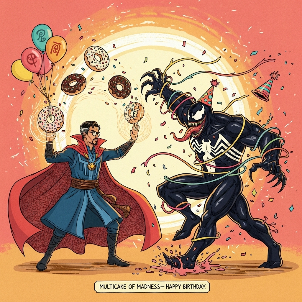 Hand-drawn illustration in a funny, high-energy style with fine ink linework and textured brush strokes on subtle paper grain; warm, expressive palette of golden ambers, scarlet reds, coral pinks, and teal accents. Scene: Dr. Strange (Pakistani, brown skin, black rectangular glasses, short dark hair, neat goatee), in a simplified blue sorcerer tunic and a swirling red cloak, mid-cast as he conjures glowing, donut-like spell discs made of frosting and sprinkles. Opposite him, Venom—towering, glossy-black symbiote with a jagged toothy grin and long tongue (no chest emblem)—lunges forward, comically tangled in rainbow party streamers, slipping on spilled frosting, a crooked party hat hanging off one horn-like tendril. A giant circular portal behind Strange looks like a ring-shaped birthday cake, while confetti and balloons whirl through the air; frosting splatters freeze mid-flight with playful motion lines and shimmering sigils. Balanced composition: Strange on the left third, Venom on the right, dynamic diagonals, bold silhouettes. Warm sunset rim lighting and magical glow reflect off the cloak and the symbiote’s slick highlights; painterly, soft shadows. Add a small, playful hand-lettered caption at the bottom: “Multicake of Madness—Happy Birthday!” Keep it humorous, celebratory, and full-bleed vertical.
Generated with these themes: Dr Strange marvel (Pakistani brown skin with black glasses) fighting , Fight scene Marvel , Venom black marvel , Battle fight scene , and .
Made with ❤️ by AI.