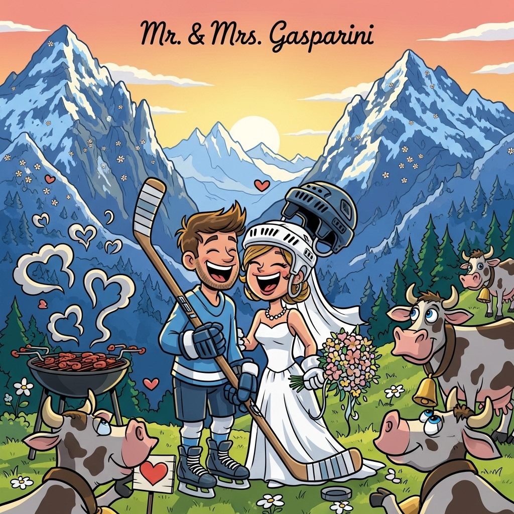 At the top of the Cartoon Style image, write in elegant, playful script: **Mr. & Mrs. Gasparini**  

A vibrant, heartwarming cartoon scene set in the Austrian Alps: towering, snow-dusted mountains in the background under a soft golden sunset, their slopes dotted with cheerful alpine flowers. In the foreground, a happy cartoon bride and groom in wedding attire are laughing together — the groom in hockey skates holding a hockey stick, the bride playfully wearing a hockey helmet tilted back, her bouquet tucked into the net of the stick. Around them, friendly big-eyed cartoon cows with bells around their necks look on adoringly, one cow holding a little heart-shaped sign in its mouth. To the side, a whimsical BBQ grill sends up swirls of delicious smoke, forming faint heart shapes in the air. The colors are bright and saturated, with bold outlines and exaggerated features, capturing joy and warmth. The whole scene overflows with love, fun, and alpine charm.
Generated with these themes: Mountains, Austria, cows, hockey, BBQ, and .
Made with ❤️ by AI.