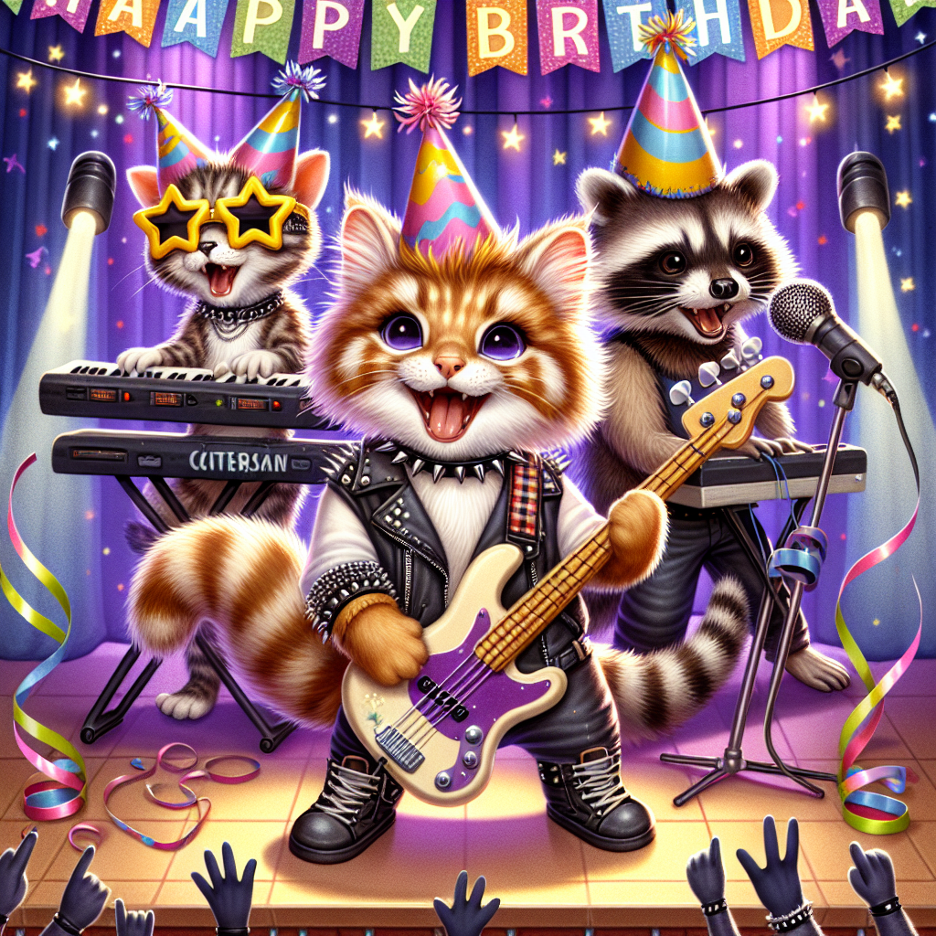 Portray an adorable birthday scene where a punk rock band of animal friends is performing on stage. The characters include a Maine Coon cat with a spiky collar, energetically playing a bass guitar embellished with birthday streamers. A playful ferret wearing star-shaped sunglasses is singing into the microphone, and a cool raccoon dons a mohawk while playing the keyboards whimsically adorned with tiny party hats. The background is rich with banners and twinkle lights to intensify the birthday concert theme in true punk style.
Generated with these themes: Maine coon, Ferret, Racoon, and Punk band.
Made with ❤️ by AI.