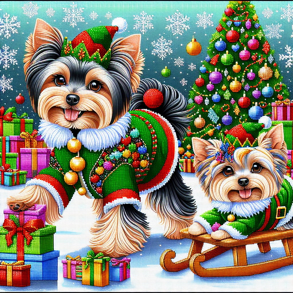 A cartoon Christmas scene unfolds with slender adult Yorkshire Terriers frolicking amidst gift-laden sleighs. Their black, white, and tan coats stand out against the deep green of a Christmas tree, as they sport playful elf costumes, complete with jingling bells.
.
Made with ❤️ by AI.