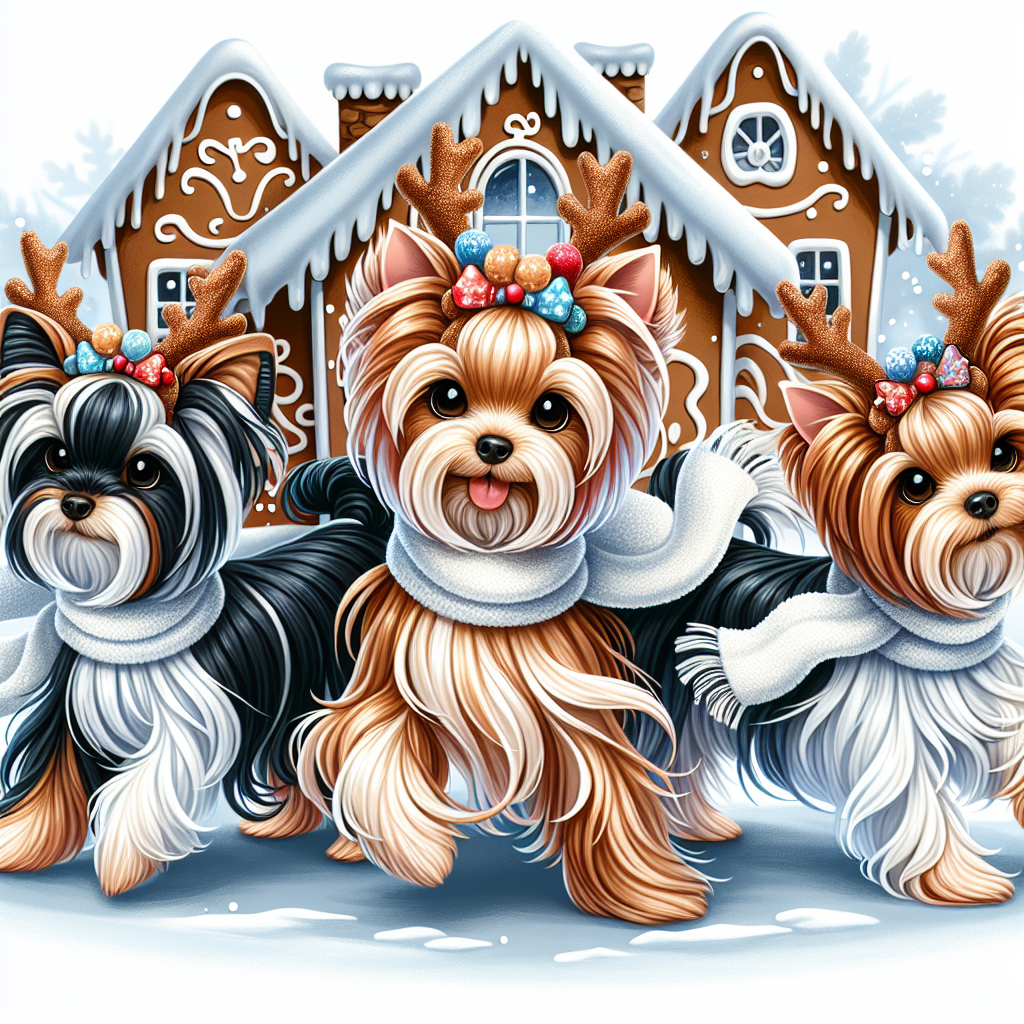 Joyous and slender adult Yorkshire Terriers with black, white, and tan coats prance around a cartoon gingerbread house. Each flaunts a tiny, cute reindeer antler headband and a fluffy scarf that swirls in the crisp winter air of this lively Christmas scene.
.
Made with ❤️ by AI.