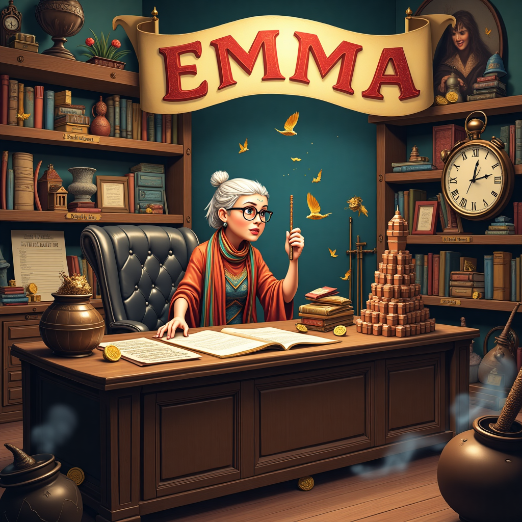 Front and center, imagine a bustling school office, teeming with an explosion of vibrant details. The walls are adorned with magical Harry Potter memorabilia—floating candles, a mischievous flying Golden Snitch, and a portrait of Dumbledore, winking. On the large oak desk, a lifelike chocolate replica of Hogwarts Castle rests beside stacks of papers marked with "Urgent" and "Top Secret" in bold red letters. 

To the right, a comical scene unfolds with a funny lady reminiscent of Professor Trelawney, sporting exaggeratedly oversized spectacles and draped in layers of colorful, flowy scarves. She holds a wand in one hand, with sparks flying from its tip, and balances a precariously high tower of chocolate bars in the other.

In the background, chaotic yet organized shelves stretch out, filled with magical artifacts like a whirring time-turner, quills that dance in their ink pots, and a clock that shows the real-world time, magical time, and chocolate time. Perched atop one of the shelves, a niffler glints with a stash of shiny chocolate coins.

A large banner arches across the scene, emblazoned with the word "EMMA" in shimmering gold, glittery letters that twinkle as if enchanted. Tucked behind it, an enormous, enchanted chocolate cake takes the shape of a wizard’s hat, complete with a swirling, animated brim.

The background is a whimsical flurry of chocolate frogs leaping through the air, and broomsticks propped against the wall. A soft haze of cocoa-colored smoke drifts from a cauldron bubbling on the floor, hinting at an aroma that mixes the essence of Hogwarts with the unmistakable scent of rich chocolate.
Generated with these themes: School admin, Chocolate, Harry potter, Funny lady, and Very busy.
Made with ❤️ by AI.