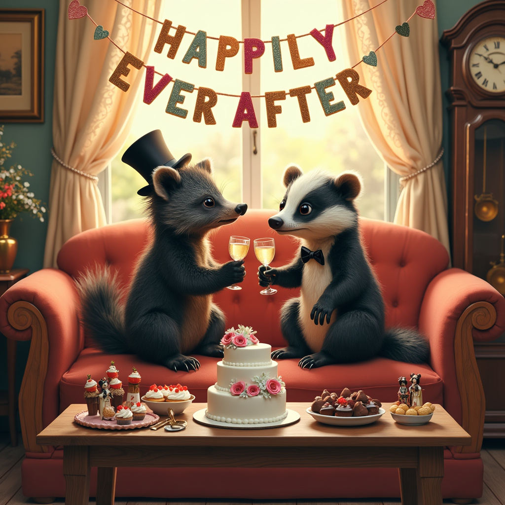 A binturong and a badger, sitting on a sofa with a coffee table full of cake and a champagne, with a banner over them saying happily ever after Wedding Card