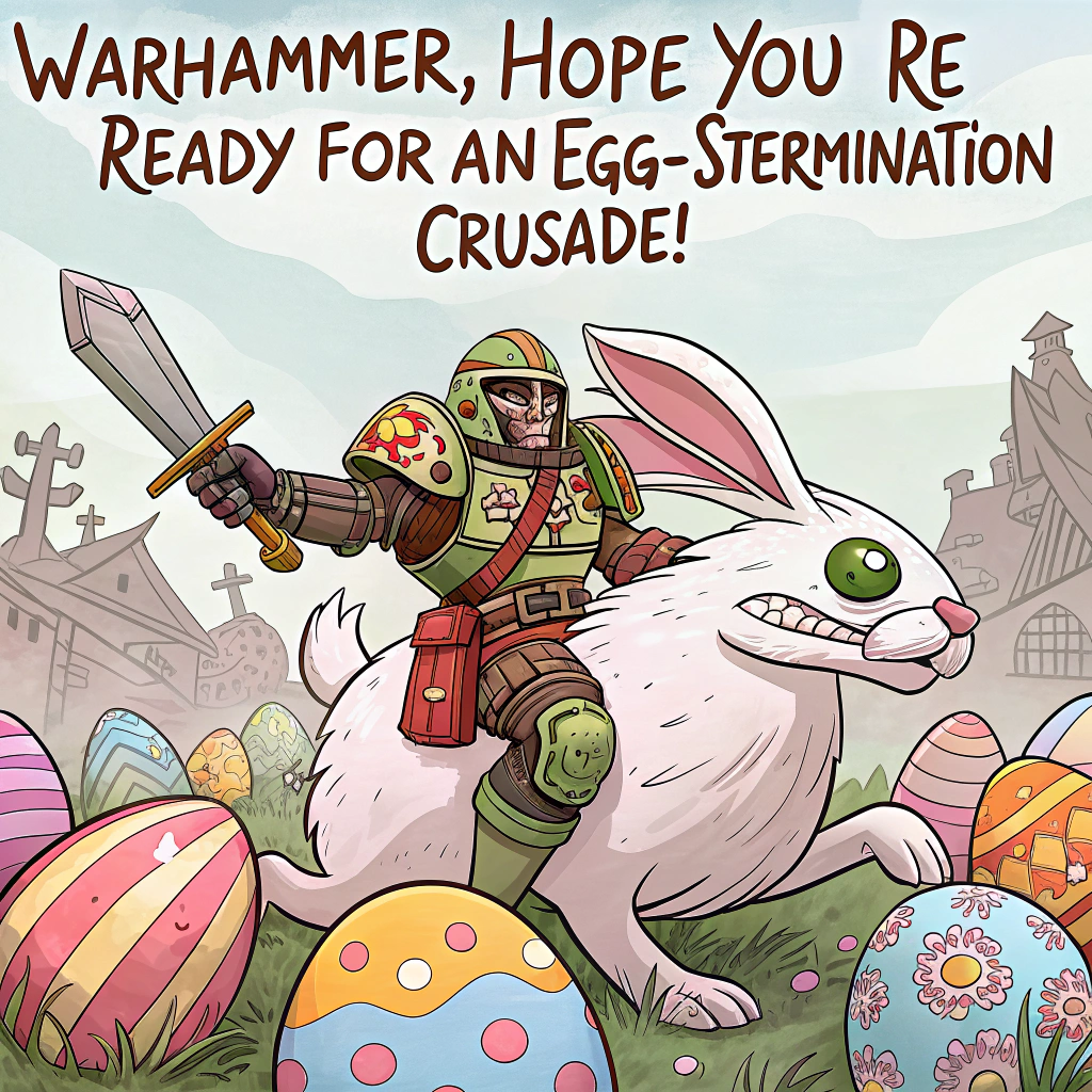 At the top of the image, "Warhammer, Hope You’re Ready for an EGG-stermination Crusade!"

- In the center of the image, illustrate a cartoon-style Warhammer orc dressed in patchwork Easter armor made of painted eggshells and pastel metal plates. He’s roaring dramatically while riding an enormous mutant bunny, which has battle scars and a cybernetic eye.  
- The orc is wielding a giant carrot-shaped warhammer dripping with colorful goo (yolk and jellybeans).
- All around, a horde of smaller orclings in bunny ears are charging across a candy battlefield, hurling chocolate eggs like grenades.
- Add flying peeps (the marshmallow chicks) wearing tiny jetpacks for comic flair.
- In the background, cracked Easter eggshells are strewn like ruined war debris across a cartoon war zone blooming with tulips and jellybeans.  
- Mood is wildly over-the-top and funny, packed with chaotic pastel carnage and goofy facial expressions.
Generated with these themes: Warhammer orc.
Made with ❤️ by AI.
