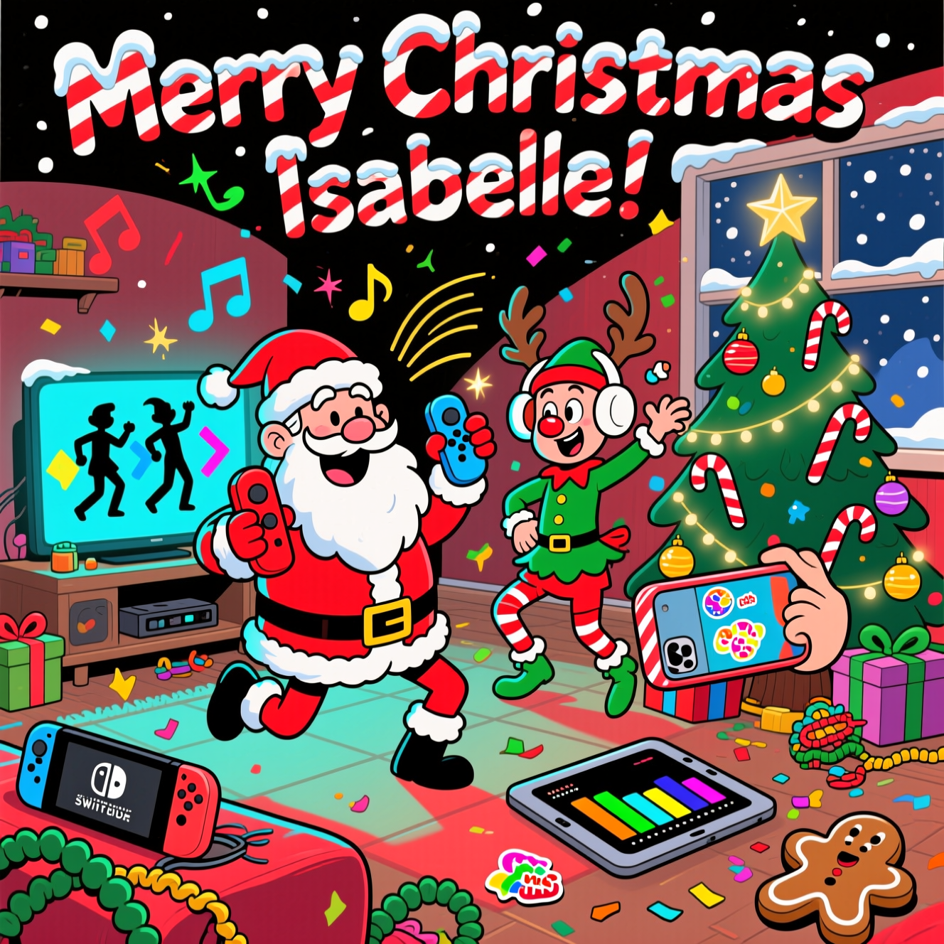 At the top of the Cartoon Style image, "Merry Christmas Isabelle!"

A funny, high-energy Christmas cartoon scene with exaggerated proportions, thick black outlines, and bright saturated colors. In a cozy living room turned dance floor, Santa (big head, tiny legs, goofy grin) is mid–Nintendo Switch dance move, gripping neon-red and neon-blue Joy-Cons while motion lines, sparkles, and musical notes swirl around him. A glowing TV shows simple silhouette dancers and big colorful arrows to cue the steps. Two cheeky elves copy the routine in whimsical, bouncy poses: one elf DJ-ing on a bright iPad with rainbow equalizer bars and festive stickers; the other filming a wobbly selfie on an iPhone in a candy-cane case, with a silly reindeer-nose filter on the screen. A reindeer in earmuffs floss-dances by a giant twinkling tree loaded with candy canes, baubles, and star toppers, while snow falls outside the window. Gift boxes, a Switch dock, tangled tinsel, and a gingerbread cookie doing “the worm” add playful chaos. Use bold, chunky outlines, glossy cel-shading, and over-the-top expressions; confetti bursts, swooshes, and starbursts to emphasize motion. Portrait orientation, vivid reds/greens/golds with pops of electric blue. Style the top text in candy-cane striped lettering with a frosty snow cap for extra holiday cheer. At the bottom on a shiny gift-tag ribbon, add one cheeky line: Switch on the jingle jams!
Generated with these themes: Nintendo Switch Dance, Iphone and Ipad, and .
Made with ❤️ by AI.