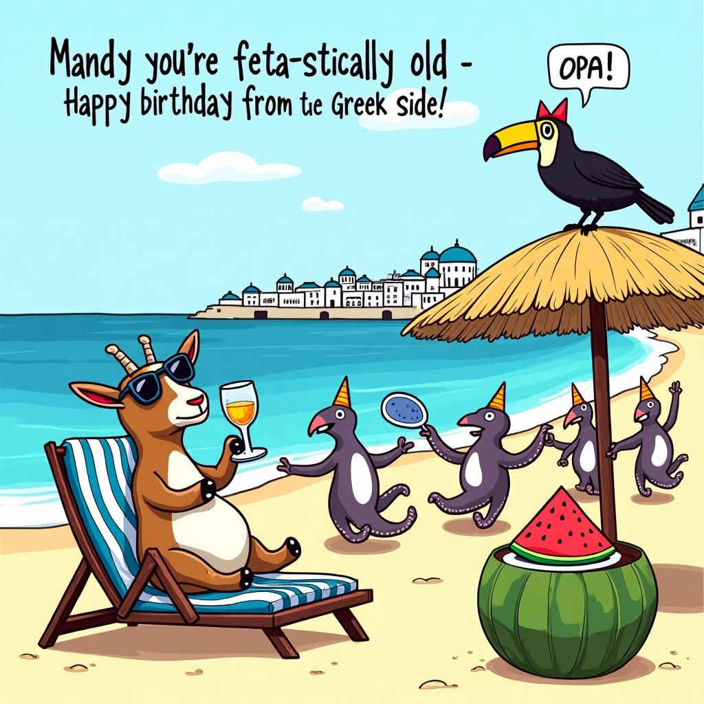 At the top of the illustration image, “Mandy, you’re feta-stically old – Happy Birthday from the Greek side!”

An illustration in a humorous, hand-drawn cartoon style of a lively Greek beach scene: clear blue sea, sandy shores, white-washed buildings in the background, and iconic blue-domed roofs. In the foreground, a sunbathing goat in sunglasses lounges on a striped beach chair, sipping ouzo from a coconut. Next to it, a slice of birthday cake rests on a plate balanced on a watermelon. Octopuses dance in a beach conga line, wearing party hats. A Greek grandma breaks plates nearby shouting "OPA!" while a toucan squawks "Happy Birthday!" from atop a wind-blown beach umbrella.
Generated with these themes: Beach Greece .
Made with ❤️ by AI.