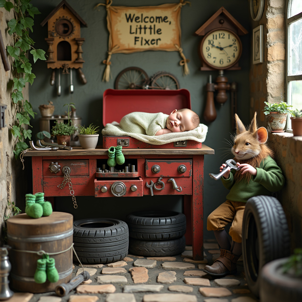 Picture a quaint, old-world garage with a cobblestone floor and walls adorned with ivy. This garage is a harmonious blend of the rustic and whimsical, reminiscent of a Beatrix Potter setting with a mechanical twist. The focal point of the scene is a sturdy wooden workbench, strewn with an assortment of mechanic tools: wrenches, screwdrivers, and bolts in neatly organized chaos. 

Perched atop a pile of well-worn tires is a vintage toolbox, its lid open to reveal a surprise—a tiny, swaddled baby, peacefully sleeping among the sockets and spanners, cradled in an old, soft, grease-stained rag for a blanket. The baby’s serene face peeks out from the toolbox, which is painted a cheerful, weathered red.

To the left, an old Irish tin whistle rests on a small, round wooden stool, clearly loved and frequently played. Hanging from the stool's leg is a pair of tiny baby booties, hand-knitted and vibrant green, with shamrock patterns. Beside the stool, a curious little leprechaun—clad in traditional garb, complete with a tiny, worn leather apron—kneels, gently tooting the tin whistle. This leprechaun has a twinkle in his eye, his tiny spectacles perched precariously on his nose as he serenades the new arrival with a cheerful Irish tune.

In the background, an antique cuckoo clock on the wall is about to strike the hour, its little door opening to reveal a small mechanic cuckoo bird holding a miniature wrench in its beak. Above the workbench, a banner made of patchwork fabric reads "Welcome, Little Fixer!" in a playful, hand-stitched font. 

All around, the scene is dotted with charming details—a potted plant growing out of an old oil can, a rusty bicycle wheel leaning against a barrel, and a tiny mouse peeking out from a toolbox drawer, holding a tiny shamrock in its little paws. The overall scene is a delightful, intricate blend of mechanical and Irish folklore elements, creating a unique and heartwarming celebration of new life.
Generated with these themes: Mechanic tools , and Irish tin whistle .
Made with ❤️ by AI.