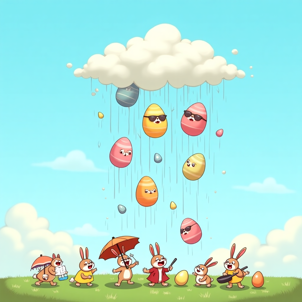 **Image Prompt:**

A whimsical illustration of a bright blue sky filled with soft, fluffy cartoon-style clouds, as an unexpected and hilarious rain of oversized multicolored Easter eggs pours down. The eggs have silly faces, sunglasses, and bunny ears, looking surprised and excited mid-fall. On the ground, a group of startled cartoon bunnies with umbrellas and frying pans scramble for cover or try to catch the eggs. One bunny wears a raincoat and snorkel, clearly overprepared. Add playful splashes and comic "Boink!" effects where eggs hit the grass. Keep the color palette pastel and vibrant, emphasizing fun and springtime joy.
Generated with these themes: Blue and fluffy clouds sky with many multicolored easter eggs raining down.
Made with ❤️ by AI.