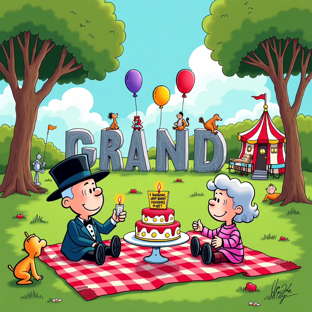 In the whimsical and imaginative scene for Jo's birthday card, a colorful park setting unfolds, blending the inspirations of classic cartoon artists. In the foreground, a cheerful grandmother and her nan, both with twinkling eyes and expressive smiles reminiscent of Schulz's Peanuts, sit on a vibrant red and white-checkered picnic blanket. They're sharing a large, cartoonishly decorated birthday cake, complete with multicolored frosting and a miniature candle-lit model of a baby riding a tiny tricycle on top, inspired by the playful spirit of Watterson's Calvin and Hobbes.

To the left, a dapper funeral director, sporting a comically oversized top hat and tails that echo Eisner’s expressive characters, is animatedly juggling balloons shaped like tombstones, each balloon hilariously inscribed with “RIP Over the Hill” in bold, friendly lettering. His exaggerated, astonished expression captures the essence of Gary Larson’s The Far Side humor.

In the background, a line of whimsical clouds, inspired by McCay’s dreamlike settings, form the letters "Happy Birthday Jo!" with birds cheerfully sitting on the letters, chirping and looking curiously at the festivities below. A small, curious robot in the style of Tezuka's Astro Boy peeks out from behind a tree, handing a balloon to a giggling baby, who is crawling through the grass with a mischievous grin.

The scene is framed by towering, cartoonish trees, whose leaves flutter in a gentle breeze that seems to whisper the joy of the occasion, and in the distance, a vintage merry-go-round spins slowly, its animals painted in the vibrant hues reminiscent of Hergé’s colorful Tintin adventures. A small banner flutters above the merry-go-round, reading “Jo’s Birthday Bash!” in elegant, swirly letters, tying the whole scene together in a joyful, playful, and utterly unique birthday card.
Generated with these themes: Grandmother, Nan, Baby, and Funeral director.
Made with ❤️ by AI.