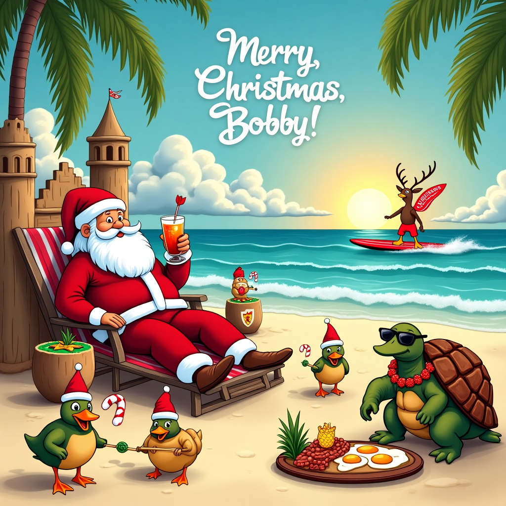 In this whimsical Christmas card scene, a beach on a Hawaiian island is festooned with a lively mishmash of holiday cheer and thematic quirkiness. In the foreground, Santa Claus is reclining on a sun lounger made of Liverpool FC scarves, sipping a tropical cocktail out of a coconut adorned with a tiny Liverpool emblem. By his side, a dartboard leans against a sandcastle shaped like Anfield Stadium. A dart, with a Hawaiian flower pattern on its flights, is humorously embedded in one of the castle's turrets. 

Nearby, a group of cheeky ducks are playing a game of darts, their beaks grasping the darts with surprising precision, while another duck wears a tiny Santa hat and pecks at a candy cane-striped dartboard stand. 

Next to them, a friendly tortoise wearing sunglasses and a Hawaiian lei is happily munching on a slice of pineapple from a platter that also features a sizzling Full English Breakfast, complete with bacon, eggs, and beans. The tortoise's shell is humorously painted to resemble a soccer ball, a nod to the Liverpool FC theme. 

Above this bustling scene, the sky is painted with fluffy clouds spelling out "Merry Christmas, Bobby!" as if written by a high-flying reindeer. On the horizon, the sun is setting, casting a warm glow over the ocean waves, where a surfboard emblazoned with a giant Liverpool FC logo rides the surf, surfed by none other than a jolly reindeer wearing red shorts and sunglasses.
Generated with these themes: Hawaii, Liverpool fc, Darts, Ducks, Tortoise, and Full english breakfast.
Made with ❤️ by AI.