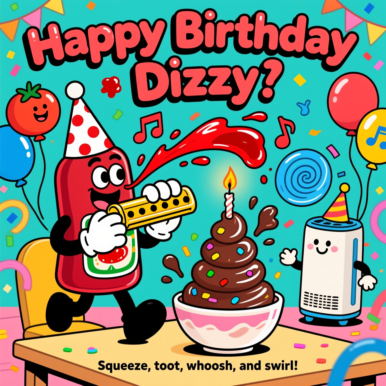 At the top of the Cartoon Style image, "Happy Birthday Dizzy" in big, bouncy bubble letters, dot the i with a tiny ketchup splat.

Playful, funny cartoon scene with exaggerated proportions, thick black outlines, and bright, saturated colors. Center stage: an anthropomorphic ketchup bottle wearing a polka-dot party hat and huge white gloves, gleefully playing an oversized shiny harmonica while simultaneously squeezing itself—ribbons of ketchup arc out as red musical notes. To the right, a cute, smiling cylindrical air purifier with little arms and a tilted party hat whooshes a spiraling breeze (blue swirls and confetti), catching the saucy music-notes and swirling them toward a big bowl of chocolate yogurt on a table. The chocolate yogurt is piled into a tall, glossy swirl like soft-serve, sprinkled with rainbow bits and topped with a single lit candle; the whoosh bends the flame and tilts the swirl comically, with a couple of chocolate splashes mid-air. Add balloons shaped like tomatoes and music notes, playful streamers, and a vibrant, festive backdrop. Emphasize energetic poses, motion lines, glossy highlights, and clean, bold shapes for a lively, humorous vibe.

At the bottom center, small playful caption: "Squeeze, toot, whoosh, and swirl!"
Generated with these themes: Ketchup, Harmonica, Air purifier , Chocolate yogurt, and .
Made with ❤️ by AI.