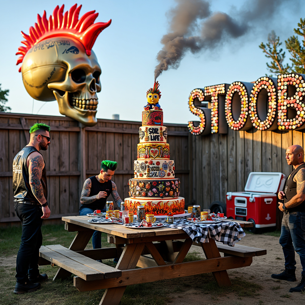 Picture a lively outdoor beer garden that’s been transformed into the ultimate punk rock birthday bash for "Stoob." The sky is clear, but not for long. In the distance, a gigantic, mohawk-sporting balloon shaped like a skull looms, tethered to the ground, with "Happy Birthday, Stoob!" emblazoned across its forehead in fiery, tattoo-style lettering.

At the center of the scene is a large wooden picnic table, covered with a checkered cloth that’s black and white. On the table, a towering, punk-themed birthday cake stands proud, decorated with edible tattoos, piercings, and miniature beer cans made out of fondant. The top tier of the cake features a tiny, edible figurine of Stoob, complete with a neon-colored mohawk and a leather jacket, holding a tiny mug of beer.

Surrounding the table are Stoob's friends, all dressed in punk attire. They sport tattoos with various designs – from skulls and roses to anchors and dragons. One friend, with green spiked hair, is in the middle of getting a "Stoob 4 Life" tattoo from a tattoo artist who has set up a makeshift station on the side. The tattoo artist is a burly character with a full sleeve of ink and a leather apron, intensely focused on his art.

In the background, a wooden fence serves as the canvas for a massive graffiti mural, featuring a blend of punk rock symbols like safety pins, anarchy signs, and musical notes. Above the mural, a string of weathered, multicolored beer bottle caps form the letters of Stoob's name, strung together like a celebratory banner.

To the right of the table, an old-school boombox sits on the ground, blasting classic punk tunes. A couple of punks are dancing wildly, spilling a bit of their beer, while others are cheering them on. Near the boombox, an open cooler filled with frosty beers is inviting guests to grab a drink.

Above all this, in the sky, a trail of airplane smoke spells out "Stoob" in bold, cloud-like letters, making it impossible to miss who the guest of honor is. 

Every inch of this scene tells the story of Stoob’s epic punk rock birthday celebration, with beer, tattoos, and punk spirit woven into every detail.
Generated with these themes: Tattoos , Punk, and Beer.
Made with ❤️ by AI.