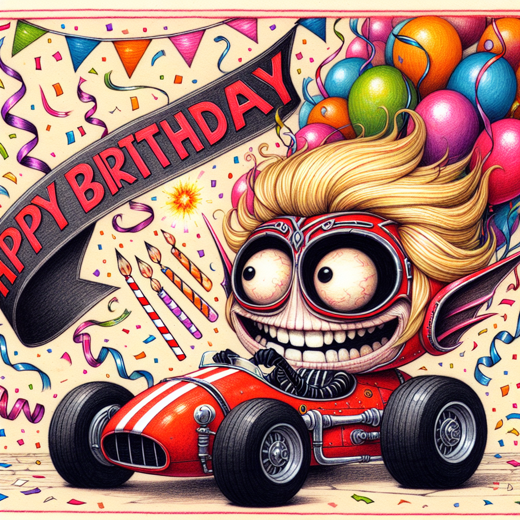A whimsical birthday-themed drawing depicts a quirky character who bears a passing resemblance to a well-known fantastical villain, their iconic helmet now a playful shiny blonde instead of the usual dark hue. The character is enjoying a gleeful moment in a vivid red racing car adorned with festive balloons and streamers. The background brims with a festive explosion of confetti and a cheerful 'Happy Birthday' banner stretching across the top.
Generated with these themes: Blonde Darth Vader, and Ferrari .
Made with ❤️ by AI.