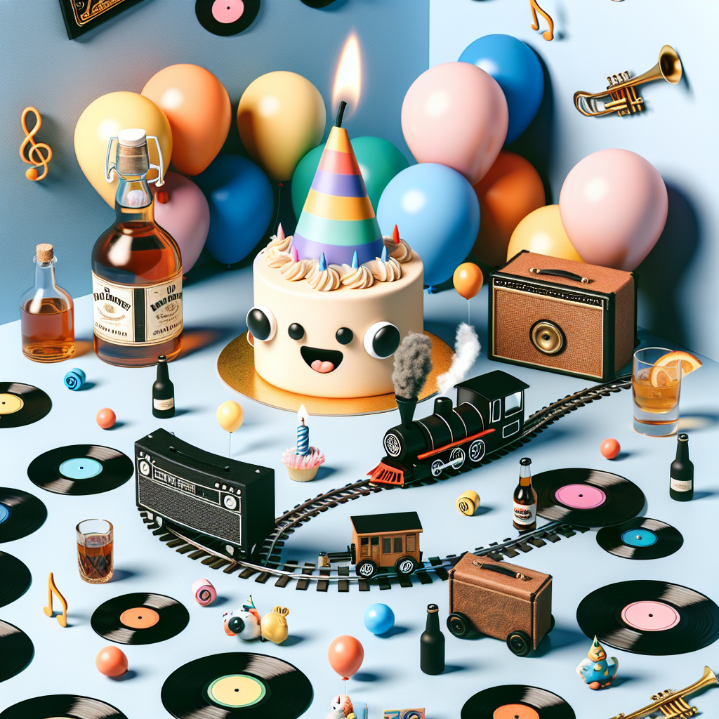 Generate an image featuring a joyful birthday celebration with a unique blend of adult hobbies and childlike simplicity. In the middle, there is a cheerful cartoon character holding a small guitar, amidst a sea of festive balloons and a birthday cake adorned with a liquor bottle-shaped candle. Scattered around the scene are vinyl records used as decorations. A whimsical steam locomotive orbits the scene gracefully, following a train track made up of musical notes.
Generated with these themes: Iron Maiden, Whiskey, Records, and Steam Trains.
Made with ❤️ by AI.