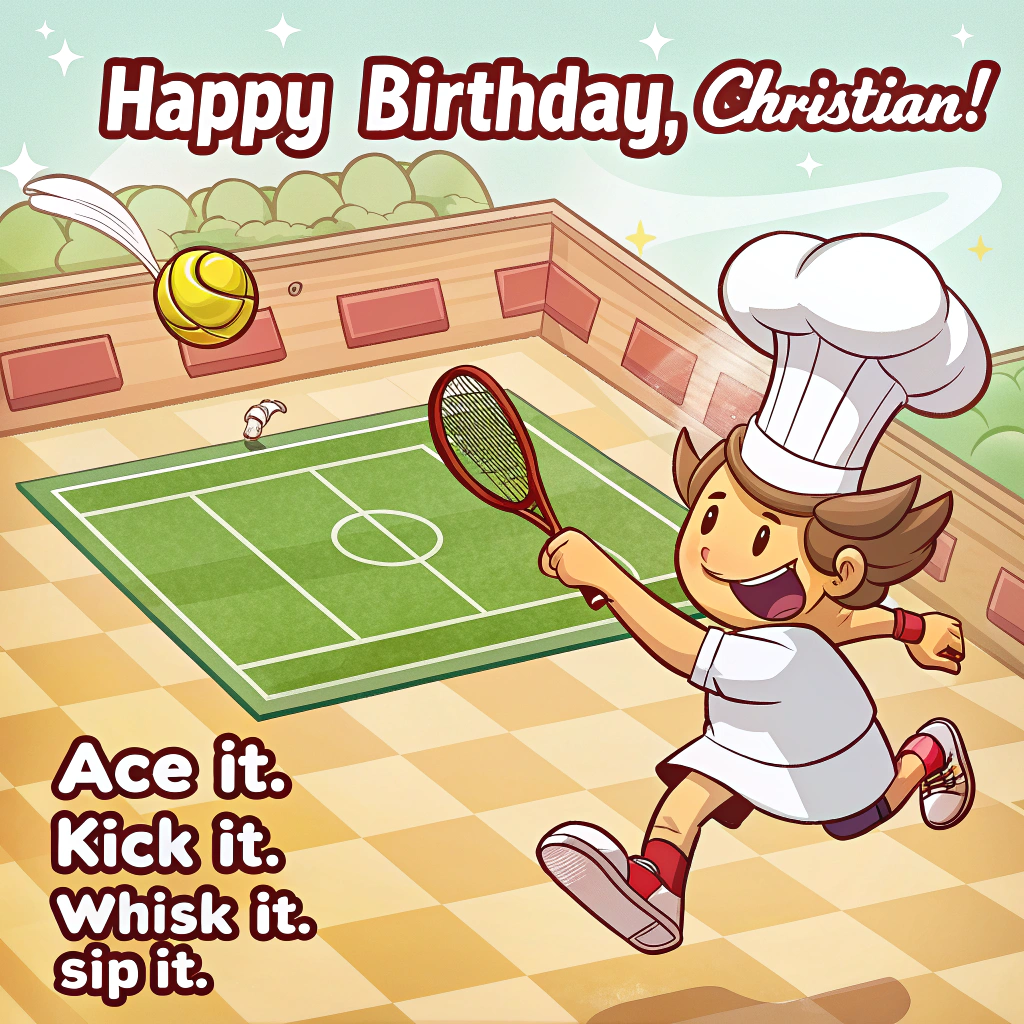 At the top of the Cartoon Style image, "Happy Birthday, Christian!"

At the bottom of the image, "Ace it. Kick it. Whisk it. Sip it."

Center scene: A playful kitchen-stadium mashup bursting with bright saturated colors. The floor is half green tennis court, half soccer pitch, overlaid on checkerboard kitchen tiles. In the middle, a cheerful, big-headed cartoon hero in a chef hat and soccer cleats lunges in an energetic pose, swinging an oversized tennis racket. The neon-green tennis ball ricochets into a black-and-white soccer ball, which whooshes into a bubbling stockpot “goal” strung with spaghetti as the net. Red sauce splashes upward in a celebratory arc while the character stirs with a giant whisk in the other hand, balancing a swirling glass of ruby wine on an elbow. A wine bottle referee with a tiny whistle and striped shirt raises a “merlot card.” Balloons shaped like tennis balls and grapes float around; confetti and motion lines add zing. Thick black outlines, glossy highlights, and exaggerated expressions throughout. Make the headline huge, bold, and bubbly with a white stroke for legibility; the punch-line large and punchy, centered at the bottom. Bright, happy palette: lime greens, sunny yellows, cherry reds, grape purples, and sky blues.
Generated with these themes: Tennis, soccer, cooking, wine, and .
Made with ❤️ by AI.