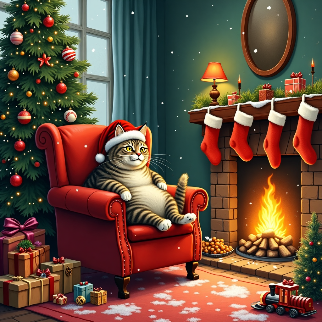 On the front cover of this quirky Christmas greeting card, imagine a cozy living room adorned with classic holiday decor. In the center of the room, a plump tabby cat, donned in a festive, oversized Santa hat that slips slightly over one eye, takes the spotlight. The cat is lounging luxuriously on a plush red velvet armchair, which is flanked by a sparkling Christmas tree. The tree is whimsically decorated with shiny baubles, twinkling fairy lights, and a curious array of ornaments shaped like fish, mice, and tiny presents, each telling its own mini tale. Scattered beneath the tree are gift boxes wrapped in glossy paper and ribbons, some torn open to reveal catnip toys, as if the cat had already had its holiday fun. On the mantel above a crackling fireplace hangs a mismatched collection of stockings, one noticeably larger and paw-shaped, hinting at the feline’s special treats. The scene is brought to life with a playful detail: a small toy train chugging around the base of the tree, with a passenger carriage filled with cat treats instead of coal. Snow gently falls outside the window, dusting the world in white, while inside, our Christmas cat purrs contentedly, king of this festive realm.
Generated with these themes: christmas cat.
Made with ❤️ by AI.