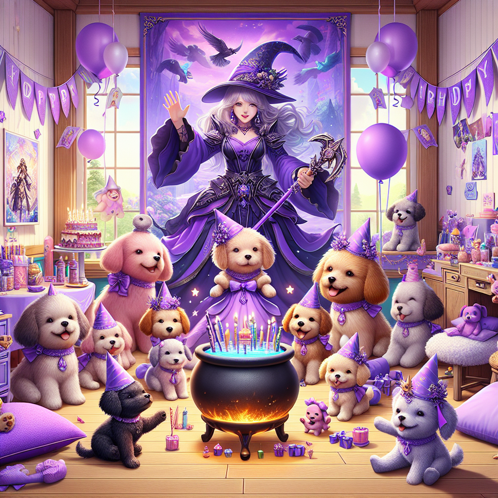 An enchanting illustration shows a whimsical birthday celebration filled with various hues of purple. At the heart of it, a congregation of darling dogs wearing festive hats gather around a magical cauldron, insinuating a playful theme of sorcery. As a background element, a generic human figure from a digital simulation game shown as an oversized decorative doll, waves cheerfully amidst the puppies. A wall in the room boasts a vibrant poster of a brave female adventurer, distinct yet not linked to any specific video game character. Party decorations like balloons and streamers fill the place and in a corner a snug relaxation spot with fluffy bedding and pillows invites attendees to unwind post the jubilant gathering.
Generated with these themes: Purple, Dogs, Witchery , The sims, Tomb raider, and Sleep.
Made with ❤️ by AI.