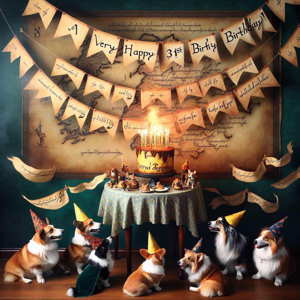 Visualize a charming and whimsical 31st birthday celebration in a setting reminiscent of Middle-earth. Fluttering banners catch the wind, bescribed with Elvish writing that expresses warm wishes for 'A Very Happy 31st Birthday!' Amid the cheerful festivities, a lively group of corgis and an Australian Shepherd create a playful spectacle, each wearing miniature wizard hats. Their energetic play occasionally disrupts the carefully arranged table adorned with a tablecloth that bears the map of Middle-earth. In the heart of this lively atmosphere sits a cake meticulously designed to look like the famous Green Dragon Inn, with the smoke from the birthday candles fusing with the jovial laughter in the air.
Generated with these themes: Lord of the Rings, 31st Birthday, and Corgis and Australian Shepherd in the background .
Made with ❤️ by AI.