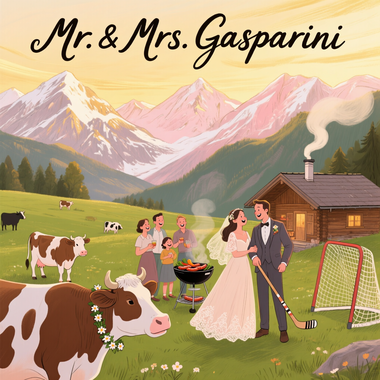 Mountains, Austria, cows, hockey, BBQ, and Wedding Card