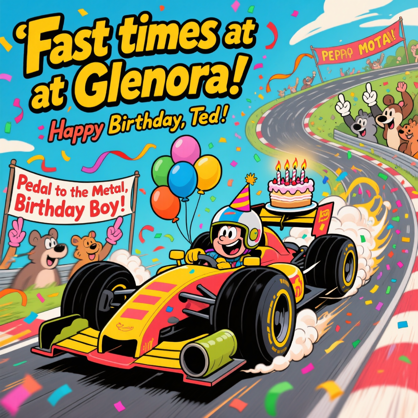 At the top of the Cartoon Style image, write in bold, bouncy letters: **Fast times at Glenora! Happy Birthday, Ted!**  

Create a funny, high-energy cartoon scene of a Formula 1 racing car zooming along a twisting racetrack. The car is wildly exaggerated with huge, smoking tires, oversized tailpipes blasting colorful puffs of confetti, and a big, grinning cartoon driver wearing an oversized helmet and birthday party hat. Balloons and streamers trail behind in the slipstream, with a birthday cake precariously balanced on the rear wing, candles still lit despite the speed. The racetrack is lined with cheering cartoon animals waving banners and foam fingers, one banner reading “Pedal to the Metal, Birthday Boy!” in a silly, playful font. The colors are bright, saturated, and full of motion lines to give a sense of frantic, hilarious speed, with thick black outlines and exaggerated proportions. The whole scene should feel chaotic, joyful, and utterly over-the-top in a celebratory way.
Generated with these themes: Formula 1 racing car, and .
Made with ❤️ by AI.