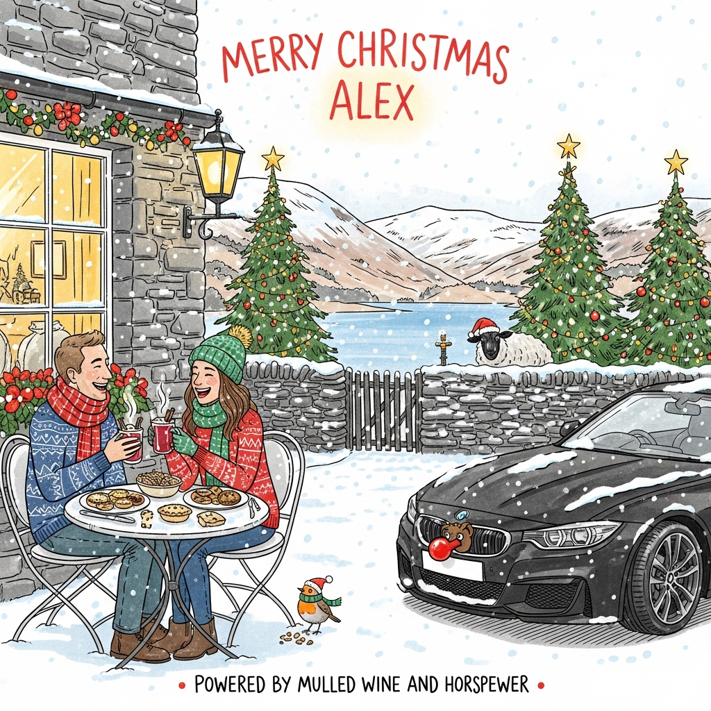 At the top of the Illustration Style image, "Merry Christmas Alex" in warm, hand-lettered script, lightly snow-dusted and softly glowing.

Hand-drawn illustration with fine linework, textured brush strokes, balanced composition, and a warm, expressive palette (cranberry reds, pine greens, golden fairy-light glow, frosty blues, soft whites). Funny Christmas scene outside a cozy stone-and-slate cafe in England’s Lake District during gentle snowfall. Left of frame: a couple in their 30s seated at a small bistro table on a snowy terrace, laughing mid-toast; the man is clean-shaven with short hair, the woman has long brown hair under a bobble hat, both in festive knits and scarves. On the table: two steaming winter drinks (mulled wine or hot chocolate with cinnamon sticks) and a hearty seasonal meal with mince pies; a cheeky robin in a tiny scarf eyes a crumb. Background: twinkling Christmas trees with fairy lights and ornaments, warm window glow, dry-stone walls, a serene lake and snow-dusted fells; a playful Herdwick sheep peeks over a wall in a subtle Santa hat. Right of frame: a sleek black sporty car parked outside the cafe at a jaunty angle, lightly snow-dusted, reflecting golden lights; a removable red “Rudolph” nose on the grille adds a wink of humor. Soft snowfall, gentle paper grain, and watercolor-like washes enhance the cozy, comedic atmosphere; the overall look is charming, characterful, and balanced.

At the bottom in small, cheeky hand-lettering, add the single-line caption: "Powered by mulled wine and horsepower."
Generated with these themes: A couple in their 30s sitting outside a cafe in the lake district at christmas time. Having drinks and a meal with snow and christmas trees in background., Black sporty car parked outside cafe.  Man has no beard and short hair. Lady long brown hair., Christmas atmosphere, and .
Made with ❤️ by AI.