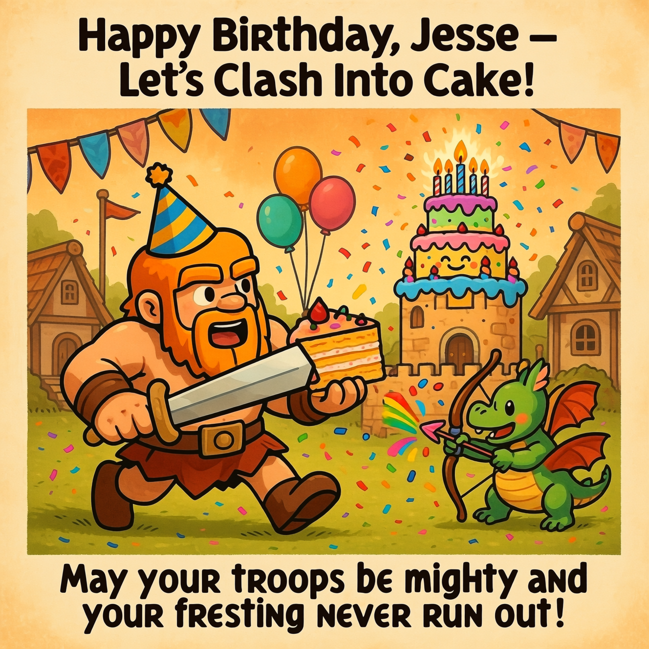 At the top of the image, "Happy Birthday, Jesse – Let’s Clash Into Cake!"  

At the bottom of the image, "May your troops be mighty and your frosting never run out!"  

- In the center, illustrate a cute, hand-drawn Clash of Clans–inspired birthday battle scene: a cheerful Barbarian with a party hat charging forward holding a giant slice of cake instead of a sword, a smiling Archer shooting rainbow sprinkles from her bow, and a baby dragon playfully blowing out candles on a towering, colorful birthday cake-fortress. Confetti bursts and balloons float through the warm, textured sky, while a cozy village backdrop sets the scene with banners and bunting strung between huts.
Generated with these themes: Clash of clans, and .
Made with ❤️ by AI.