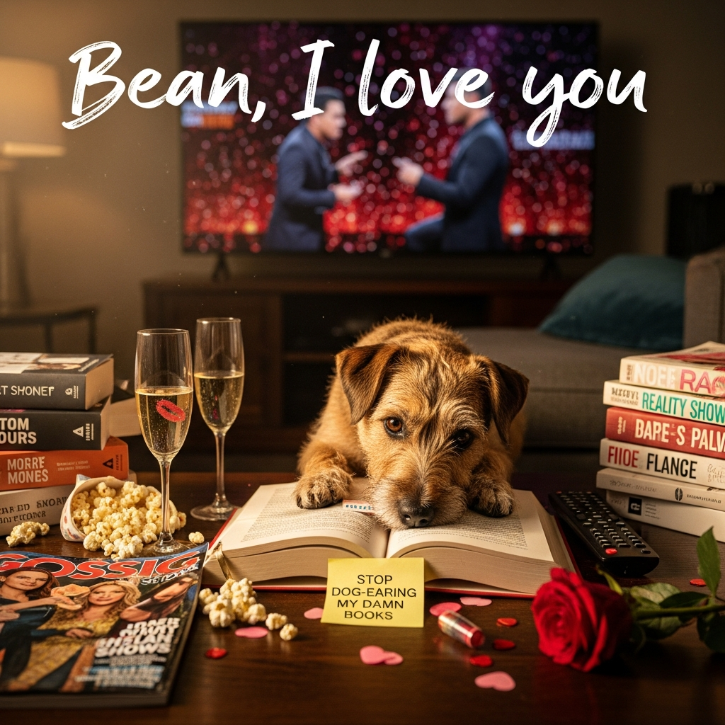 At the top of the Photorealistic picture taken from a camera image, Bean, I love you

Ultra-high-definition 4K UHD photorealistic vertical photograph with accurate lighting and lifelike textures, golden-hour sunlight slanting through a living-room window, shallow depth of field. Foreground focus: a cheeky medium-sized scruffy terrier sprawled against the edge of a cozy sofa, one paw planted on a TV remote, muzzle hovering over an open hardback on a cluttered coffee table; the book’s pages are visibly creased and dog-eared, a torn bookmark dangling from the dog’s mouth. Around it: stacked paperbacks (generic romance covers, no readable text), a glossy gossip magazine about reality shows (no logos, cover text blurred), spilled popcorn, two half-empty champagne flutes with a lipstick smudge, a single red rose, and scattered heart-shaped confetti—playful, slightly messy, date-night-binge energy. Background softly out of focus: a large flat-screen TV showing an intense reality TV reunion moment—two contestants mid-argument under dramatic stage lights and glitter fallout, no recognizable faces or readable graphics—just the vibe. Warm, cinematic color grade; crisp micro-detail on dog fur and paper fibers; natural film grain; creamy bokeh. Shot on a full-frame DSLR, 50mm lens, f/1.8, ISO 400, 1/125s. Typography: place “Bean, I love you” in bold white hand-painted brush script at the very top with a subtle soft shadow for legibility. Include one small cheeky caption inside the scene: a yellow sticky note stuck to the open book near the paw that reads: Stop dog-earing my damn books.
Generated with these themes: Books, Dogs, and Reality TV, and .
Made with ❤️ by AI.
