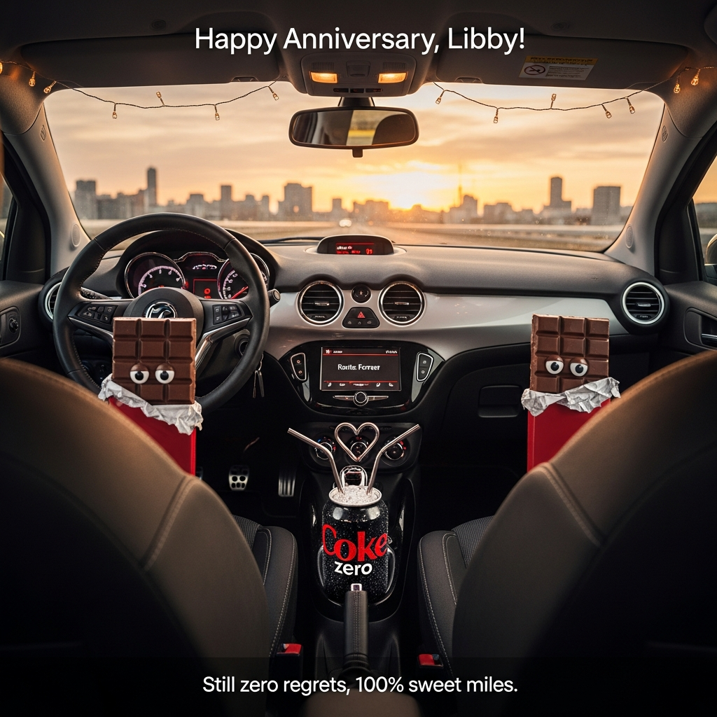 At the top of the Photorealistic picture taken from a camera image, Happy Anniversary, Libby!

Ultra-high-definition 4K UHD photograph in a warm, funny mood: interior of a Vauxhall Adam at golden hour, shot from the back seat toward the front with a 35mm lens look, f/1.8, shallow depth of field. In the driver and passenger seats, two full-size chocolate bars are buckled in like a couple on a date (wrappers slightly opened, tiny googly eyes stuck on the wrappers for a cheeky touch). In the center cup holder sits an ice-cold can of Coke Zero with beads of condensation, two slim metal straws bent together into a heart. Subtle Vauxhall Adam dashboard details in view; the infotainment screen casually displays “Route: Forever.” Warm string lights drape along the headliner for a cozy glow, while city lights beyond the windshield blur into soft bokeh. Textures are lifelike: fabric seat weave, glossy chocolate, chilled aluminum, subtle fingerprints and reflections on plastic. Accurate, natural lighting and rich depth of field, true-to-life camera rendering. At the bottom, a small, playful caption reads: “Still zero regrets, 100% sweet miles.” in a clean white sans-serif with a soft drop shadow for legibility.
Generated with these themes: Coke zero, Chocolate, Vauxhall Adam, and .
Made with ❤️ by AI.