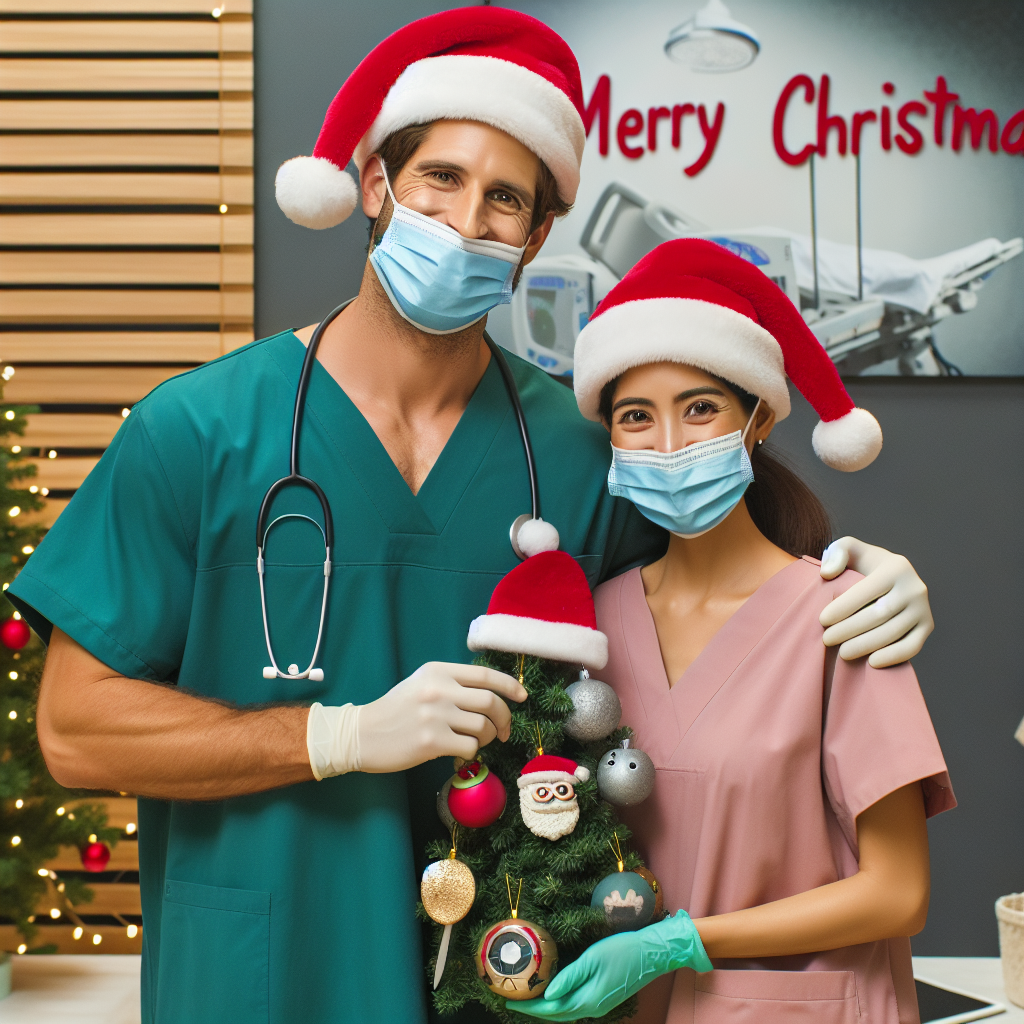 Male Surgeon, Female scrub nurse, and In love Christmas Card