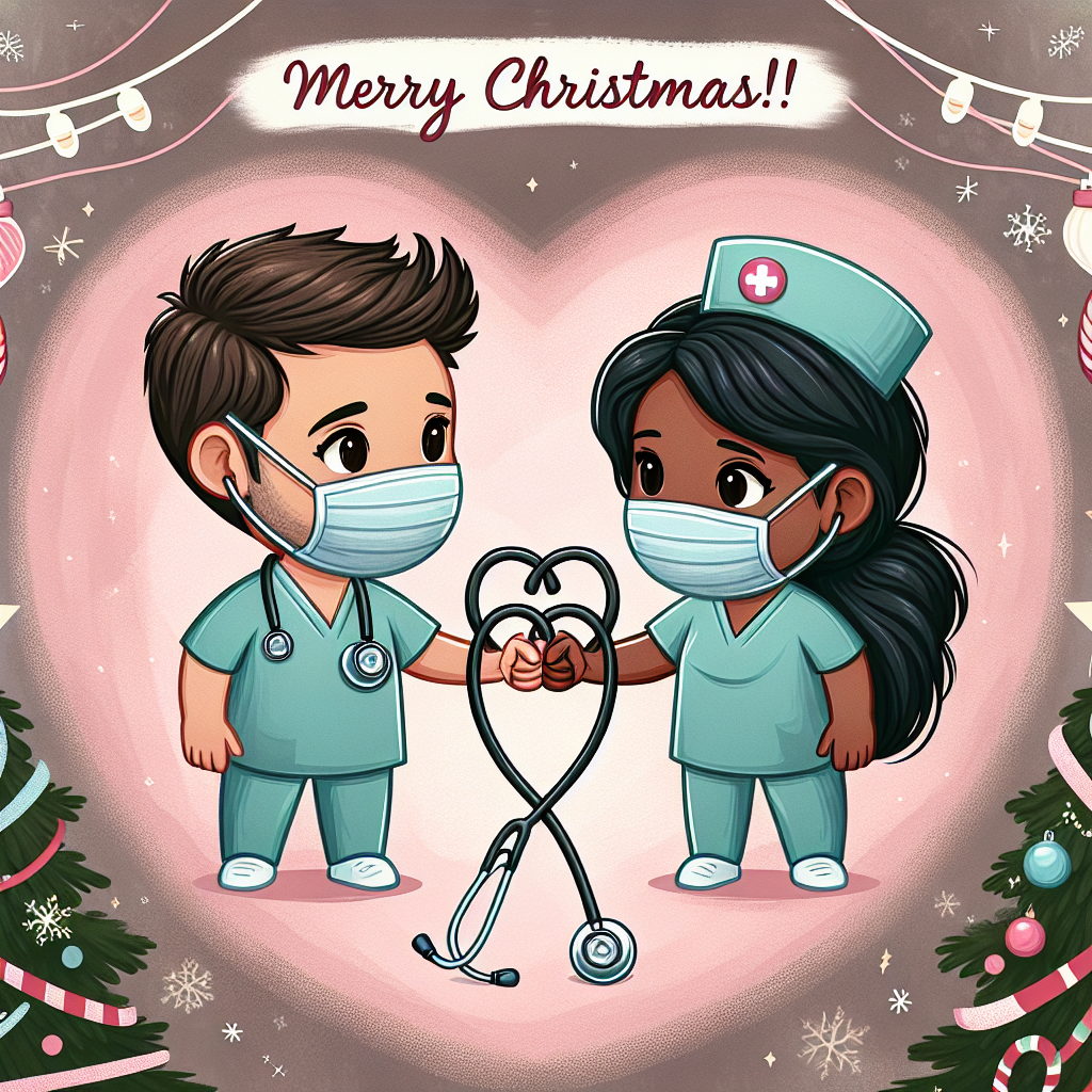 In this delightful cartoon scene, a male surgeon and a female scrub nurse are seen sharing a tender moment, holding hands with interlocking stethoscopes forming a heart shape. They are surrounded by holiday decor including Christmas lights and a tree, with the festive message 'Merry Christmas!!!' featured prominently above them in a whimsical script.
Generated with these themes: Male Surgeon, Female scrub nurse, and In love.
Made with ❤️ by AI.