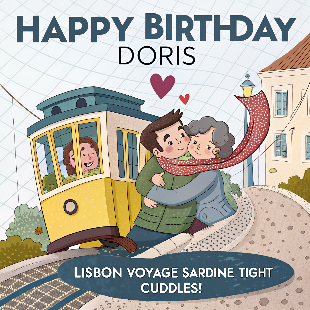 At the top of the Cartoon Style image, "Happy Birtday Doris"

At the bottom of the image, "Lis-bon Voyage—sardine-tight cuddles!"

- Scene: A playful, exaggerated cartoon couple cuddling on the bright-yellow Lisbon Tram 28 as it clatters up a steep, cobbled hill. Their limbs are elastic and loopy, snuggled in an oversized azulejo-pattern scarf that curls into a heart.
- Portugal vibes: Blue-and-white tile walls, pastel houses with tiny balconies and fluttering laundry, a cheeky Galo de Barcelos rooster sign, a fado guitarist strumming, and the Tagus River with the 25 de Abril Bridge in the distance.
- Travel detail: Stacked suitcases on the tram roof with sticker badges reading “Lisboa,” “Porto,” and “Algarve.” A dotted-map path swirls through the air forming mini hearts.
- Food gag: A giant pastel de nata on the seat between them, with a bite taken in the shape of a heart; a nosy seagull eyes it from the window.
- Fun accents: Little heart-shaped sardines bobbing around them, motion lines, and confetti-like tile fragments.
- Style: Thick black outlines, bright saturated colors, bouncy proportions, and whimsical, energetic poses.
- Text styling: Top headline in big bubbly hand-lettering with a white stroke and drop shadow; bottom punchline on a playful tram-ticket ribbon.
Generated with these themes: Traveling, Portugal, Cuddling, and .
Made with ❤️ by AI.