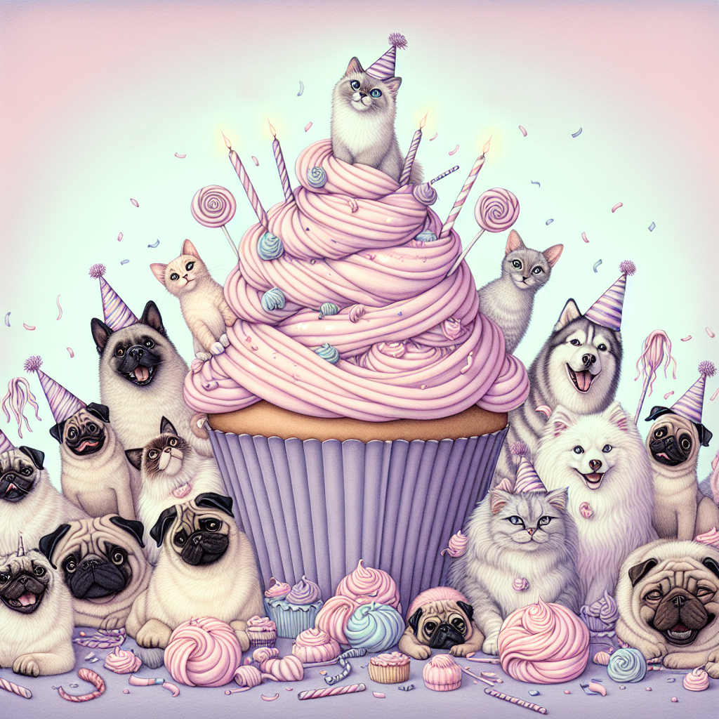Imagine a whimsical birthday themed illustration set against a soothing backdrop of subtle lilac and light pink hues. Centrally located, there's a group of playful cats, of varying descents like Siamese, British Shorthair and Maine Coon, and pugs blissfully frolicking around a colossal cupcake ornate with curling tendrils of candy floss. Adding a hint of delightful mischief to the festive air are party-hat donning huskies, expertly camouflaged behind the cats and pugs, peeking out with twinkling eyes full of warmth and amusement. The scene is delightfully crowded with adorable animals which are deeply engrossed in celebrating a birthday, adding a peculiar charm to this sweet tableau.
Generated with these themes: Kitty cats, Huskies, Cupcake, Candy floss, Pugs, Lilac, and Light pink.
Made with ❤️ by AI.
