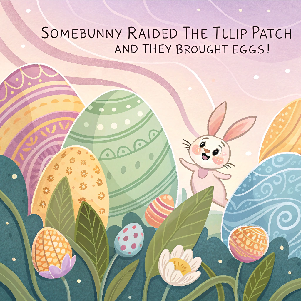 At the top of the image, "Somebunny raided the tulip patch—and they brought eggs!"

– In the center of the image, depict an abstract, whimsical swirl of soft pastel hues—lavender, mint green, buttery yellow, and sky blue—merging into flower-petal patterns.

– Among the petals, hidden like treasures in a garden, nestle abstract shapes of Easter eggs, gently patterned with gold flecks and stripes.

– Rabbits are suggested with simple curved outlines and soft blushing cheeks—floating playfully among the floral swirl, as if part of the blooms themselves.

– Sprinkle tiny rabies-style (delicate, vibrant) blossoms throughout the scene—floral bursts with exaggerated round centers and loosely layered petals, evoking a carefree spring dance.
Generated with these themes: Cute Easter card with rabies flowers and eggs .
Made with ❤️ by AI.